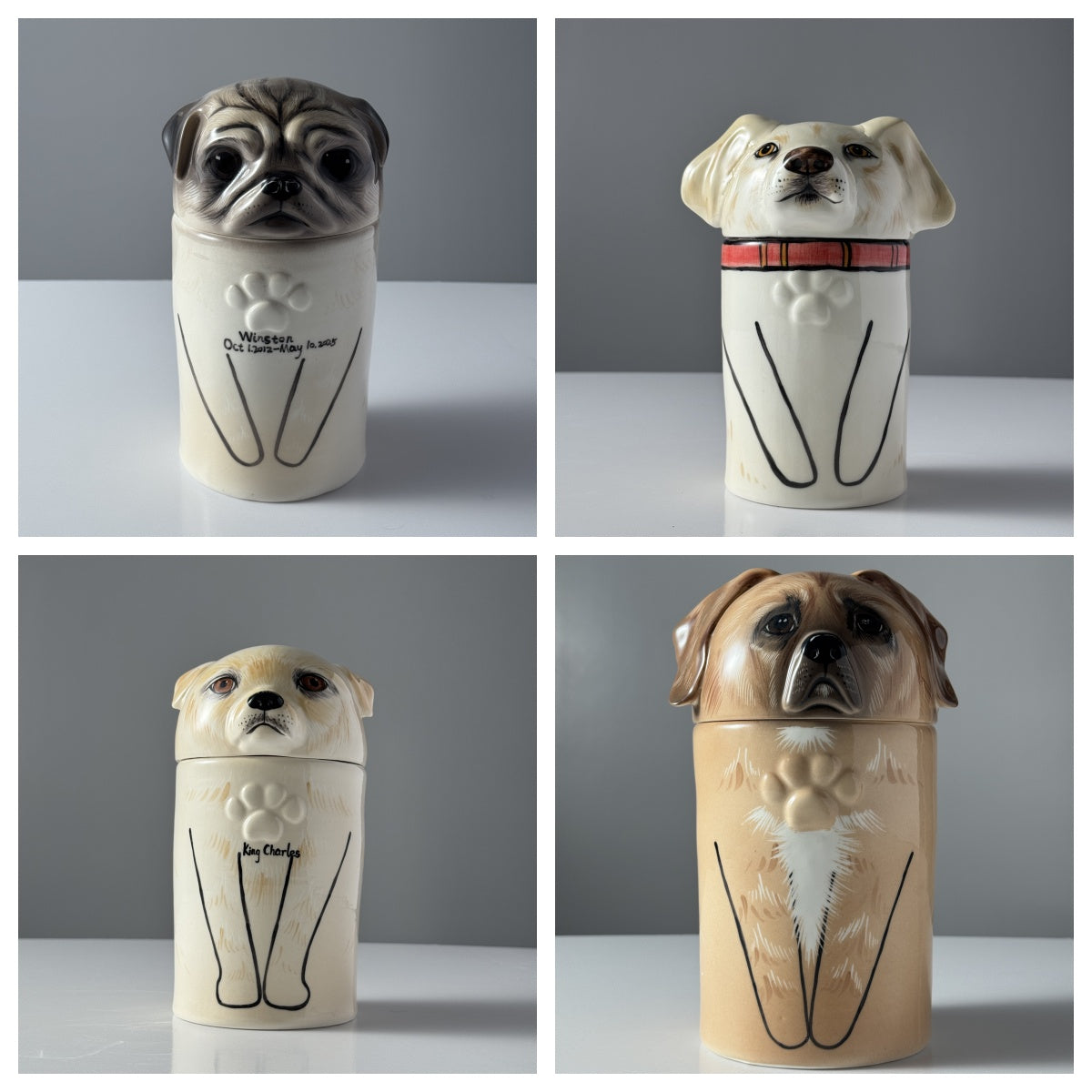 Four ceramic dog-shaped canisters on a gray background
