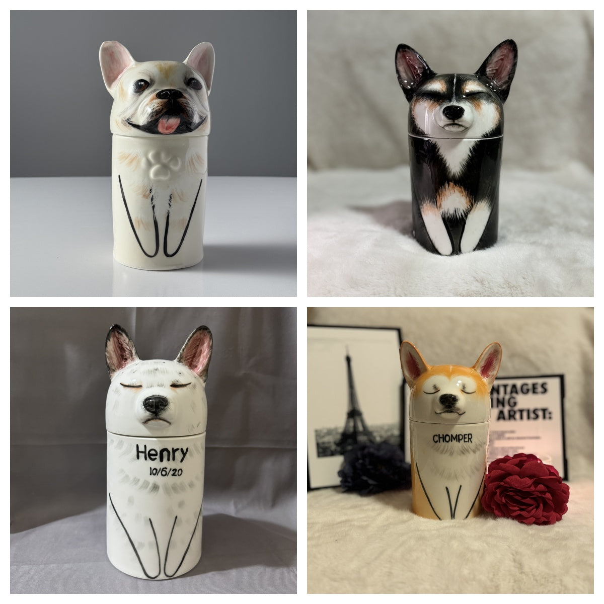 Collage of four dog-shaped containers with different designs and text.