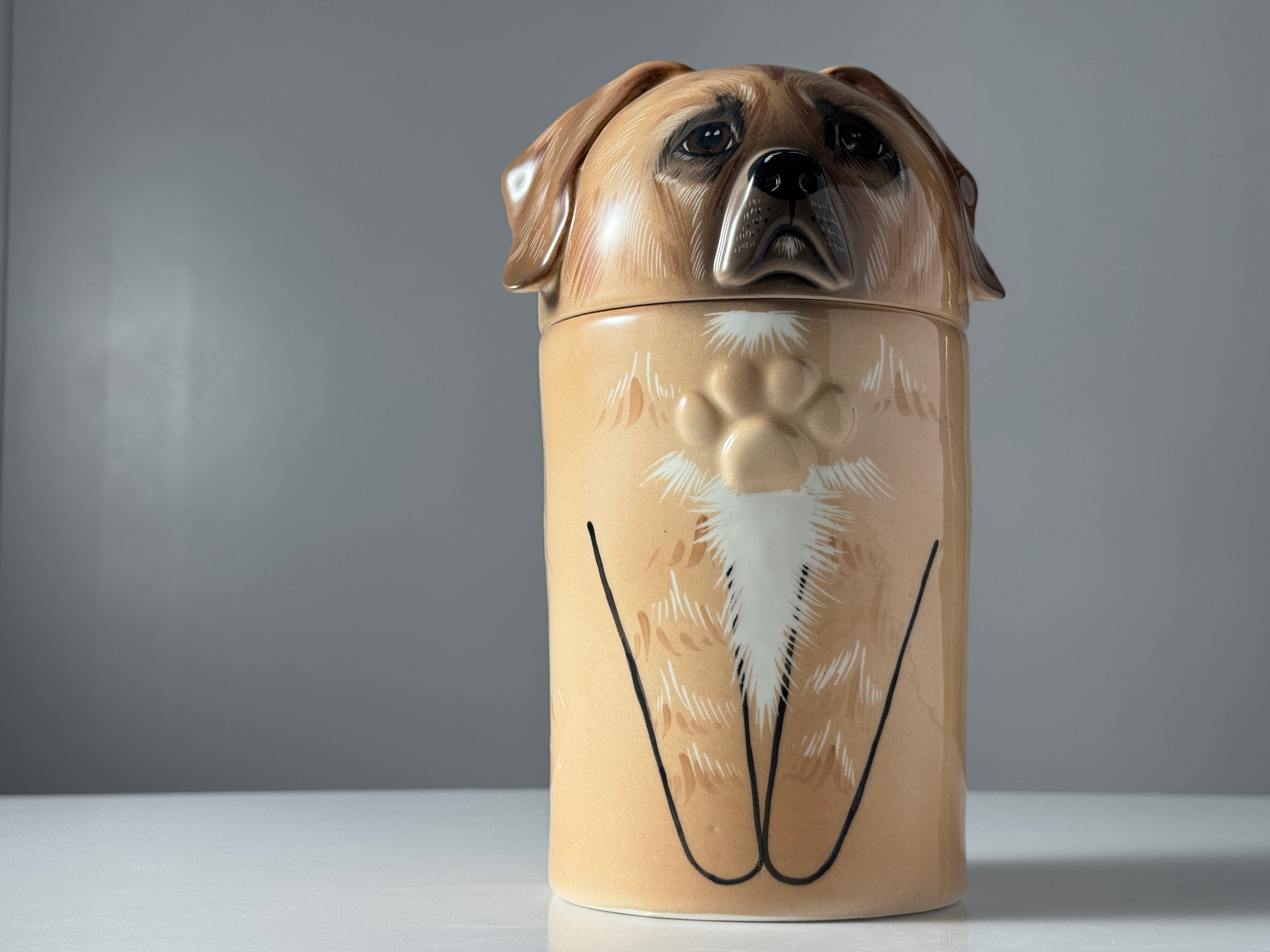 Dog-shaped container with a gray background