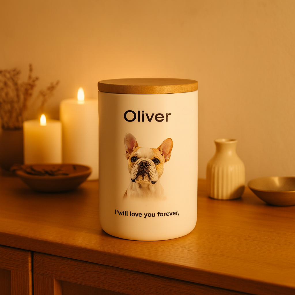 Ceramic pet memorial urns shown in multiple sizes