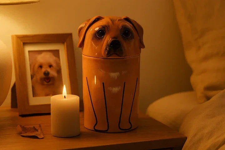 Hand-painted ceramic pet memorial urn with glazed finish and custom paw print detail