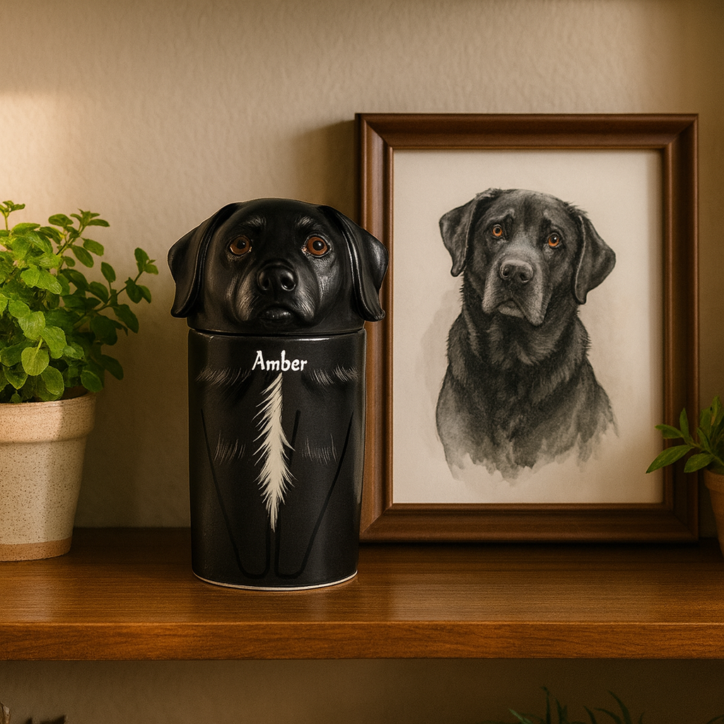 Personalized ceramic dog memorial urn with hand-painted finish