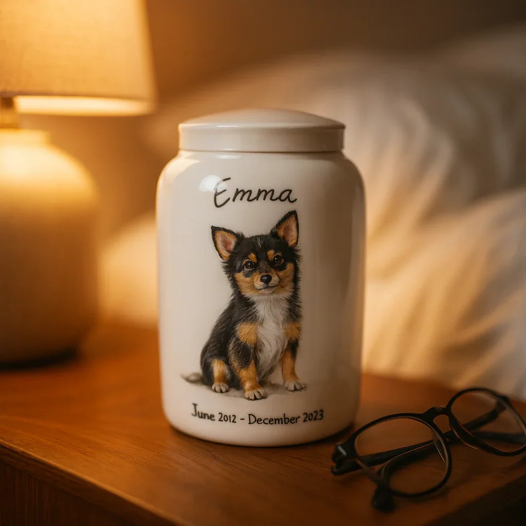 Soft ceramic pet memorial keepsake urn resting on a quiet shelf