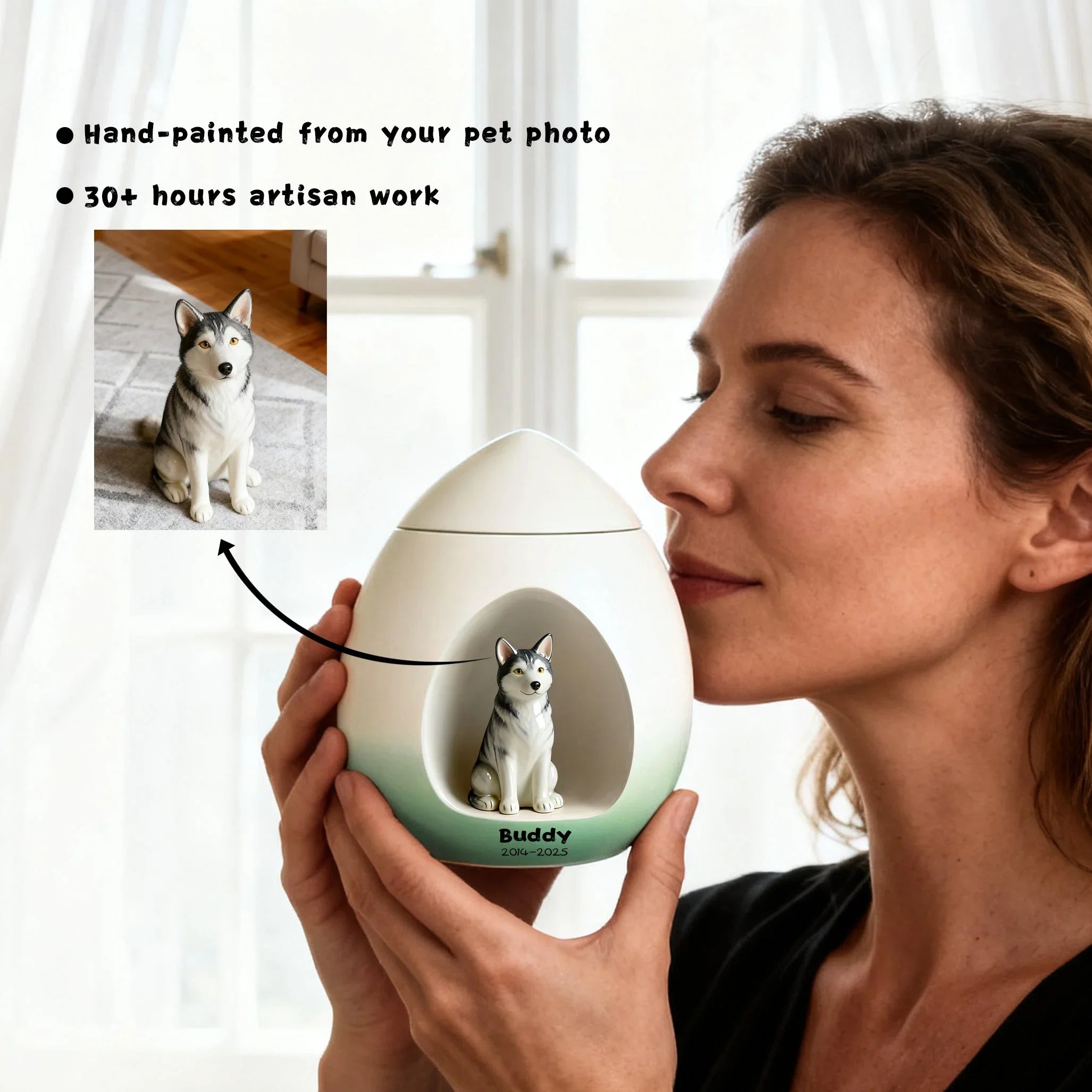 Personalized Sculpted Dog Urn – Custom Ceramic Urn with Portrait,Name&Date | Still See. Still Touch. Still With You