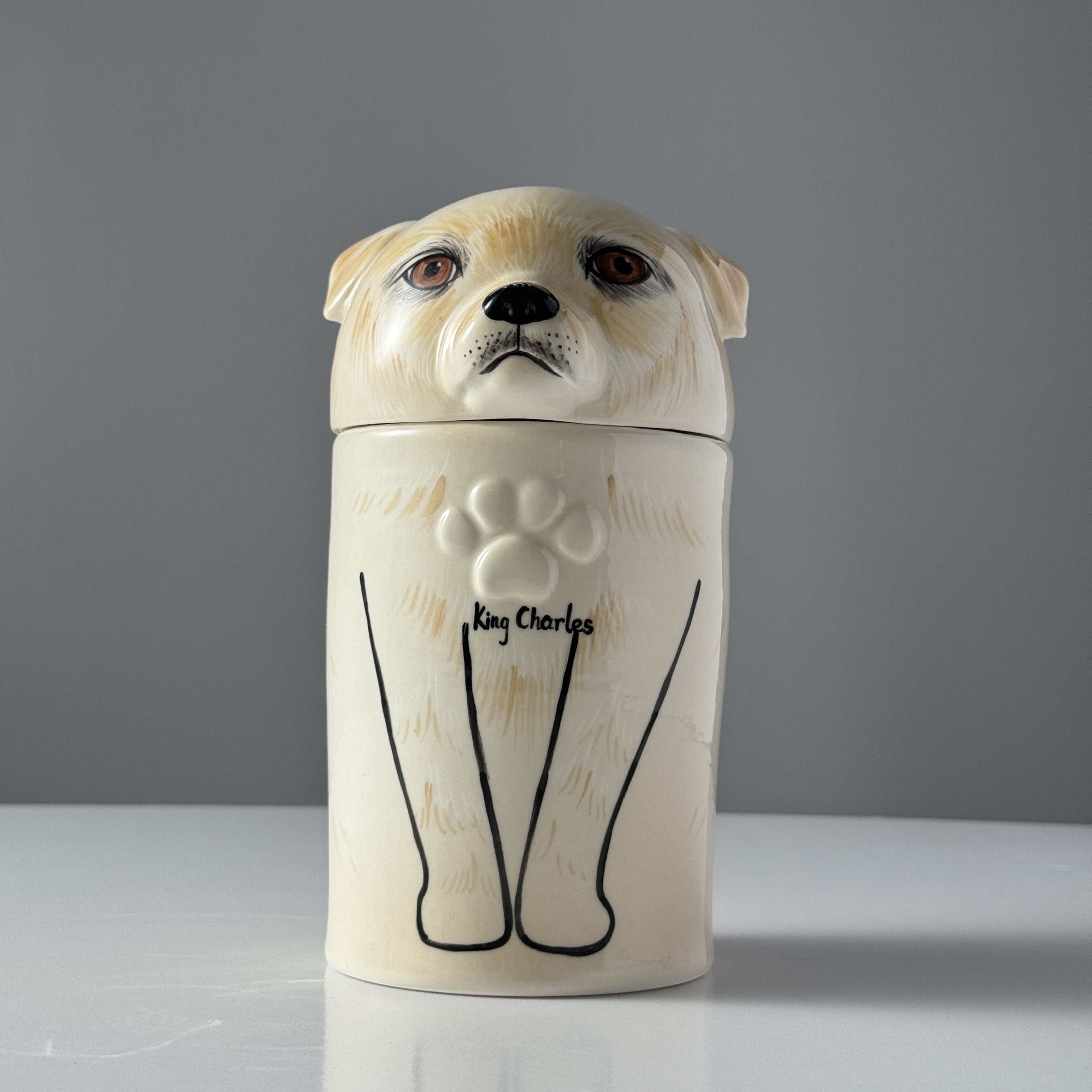 Dog-shaped ceramic jar with a gray background