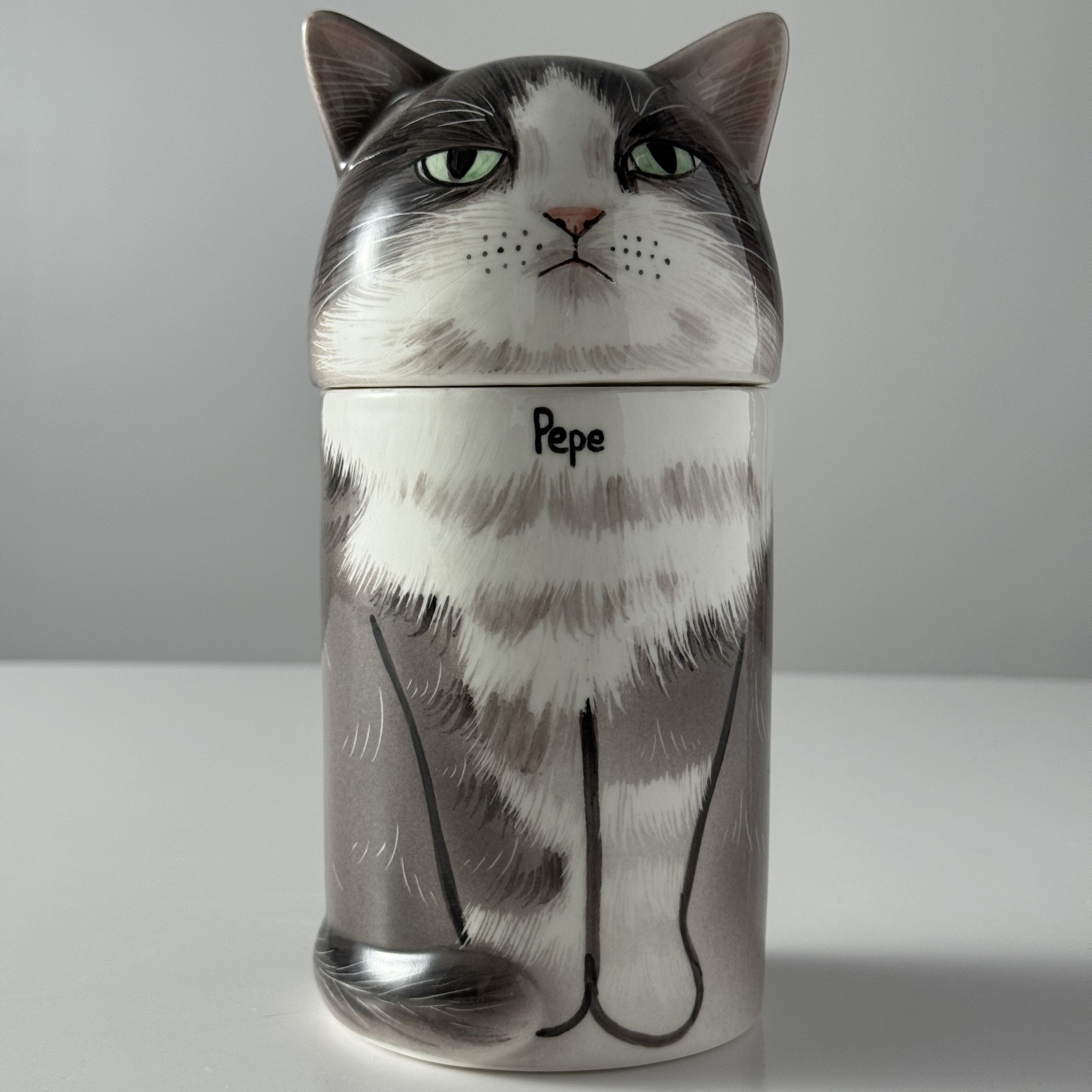 Cat-shaped container with 'Pepe' on a gray background