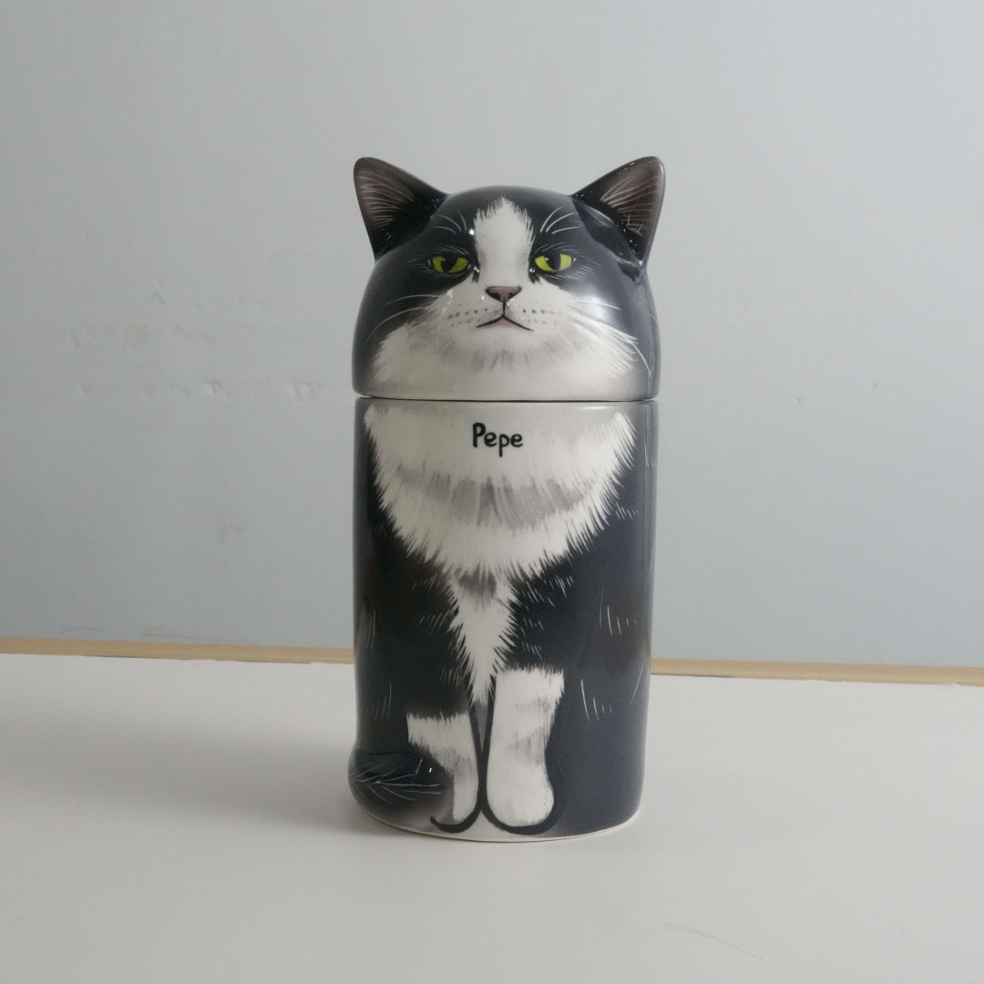 Cat-shaped container with 'Pepe' on a light gray background