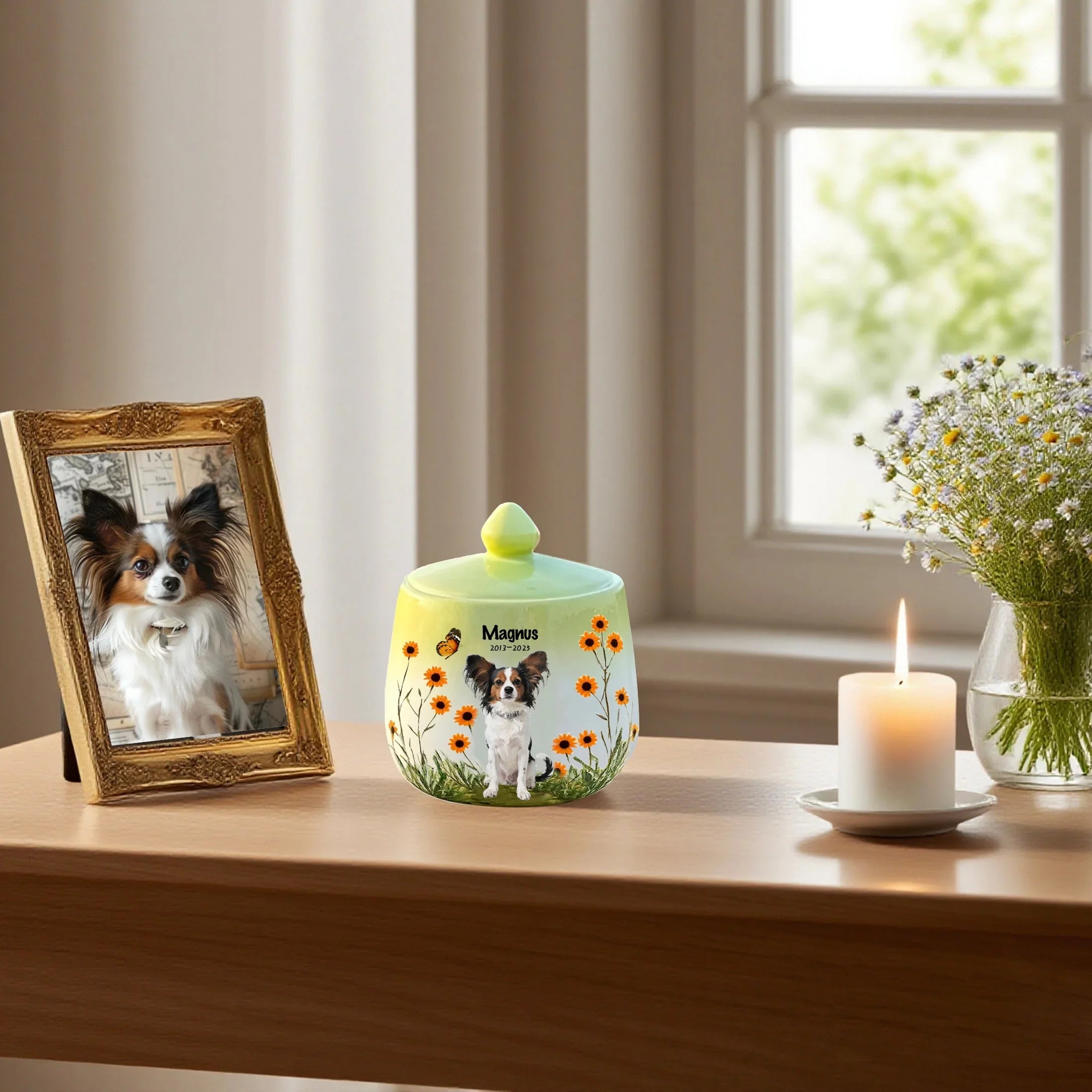 Personalized Dog Urn, Hand-Painted Ceramic Portrait,Name and Date,Floral, Pet Memorial Keepsake, Forever Home & Comfort for Beloved Fur Baby