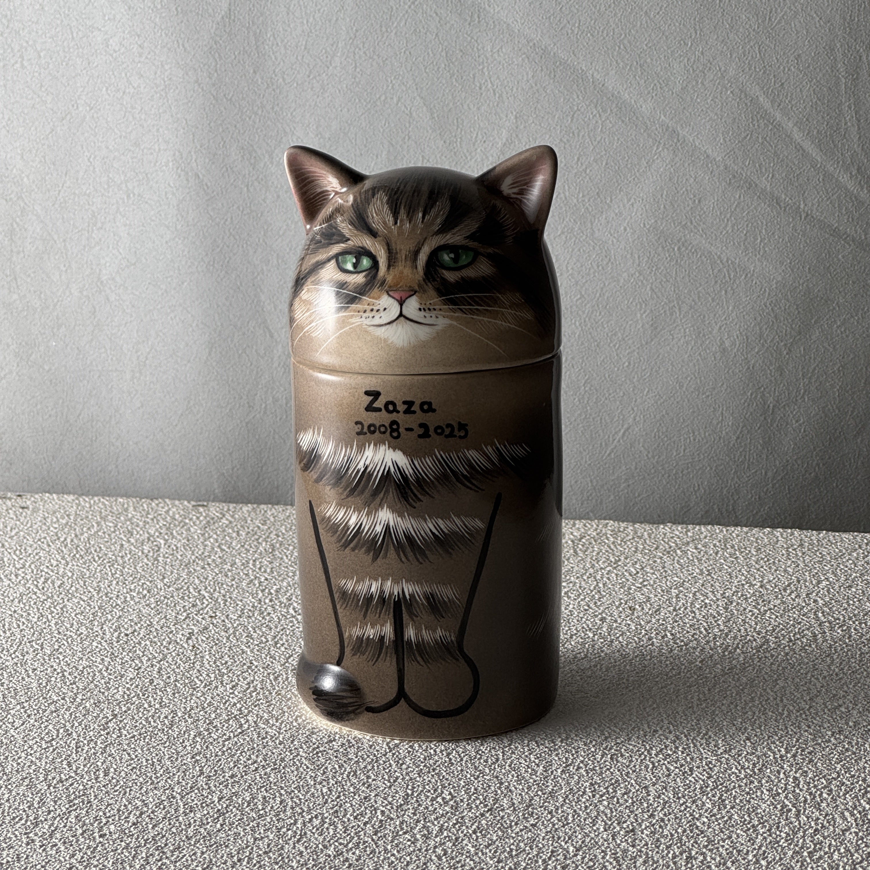 Cat-shaped container with a cat illustration on a gray surface