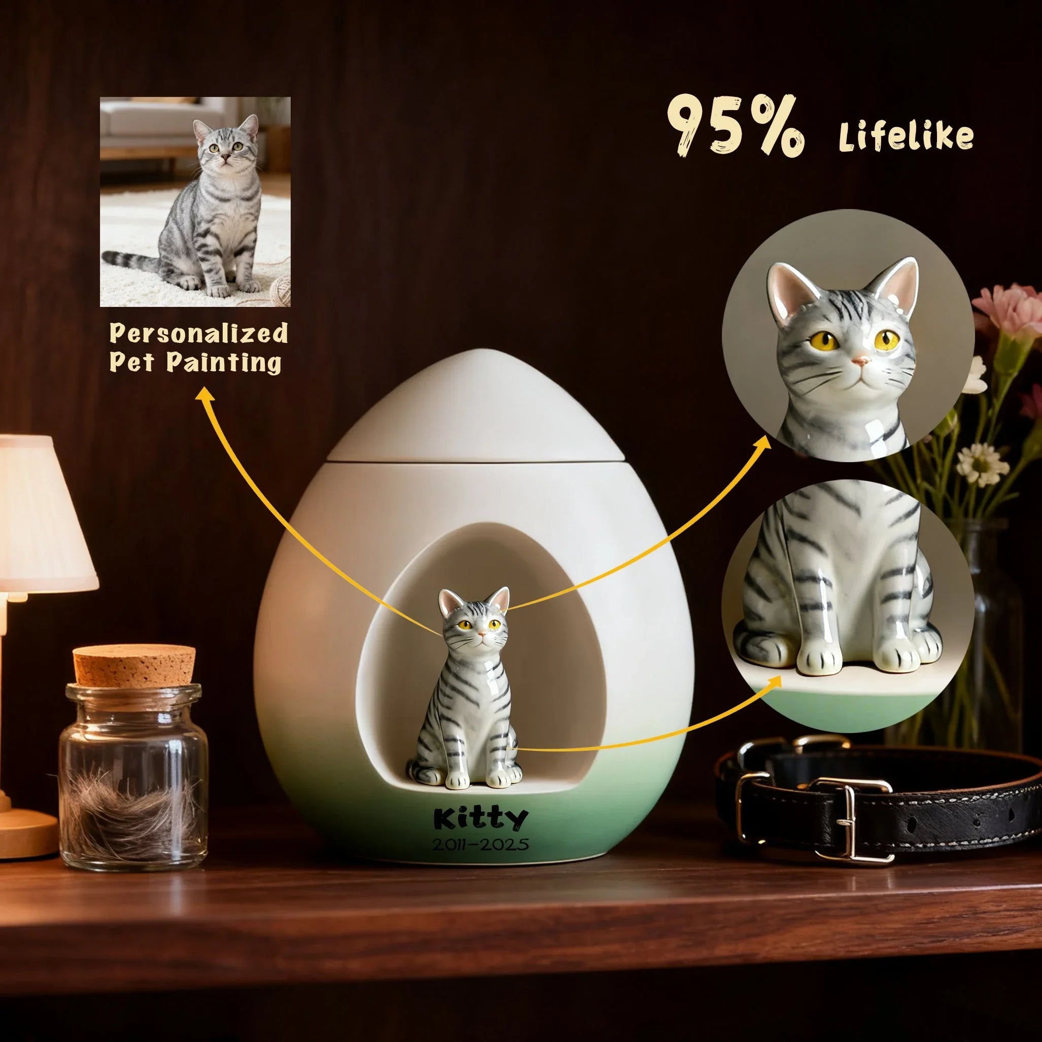 Personalized Cat Urn for Ashes – Custom Handmade Urn with Pet Portrait, Name & Dates | A Loving Memorial Keepsake