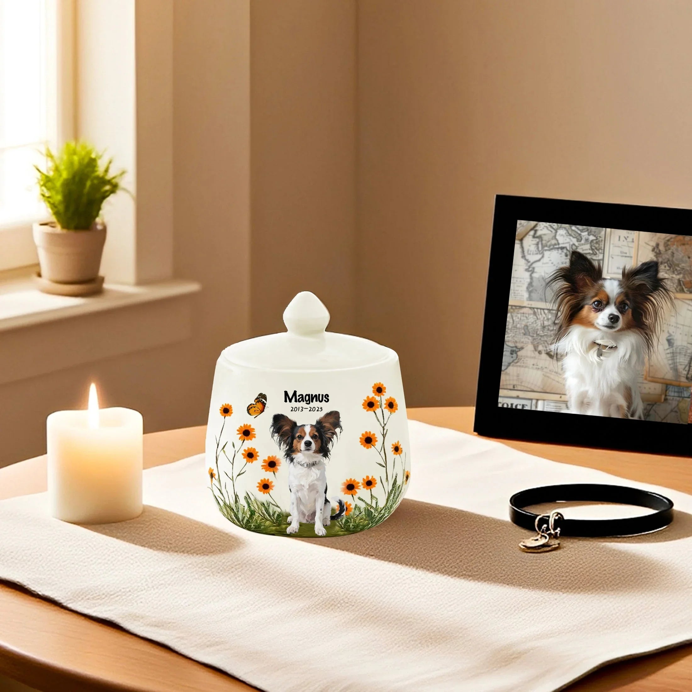 Personalized Dog Urn, Hand-Painted Ceramic Portrait,Name and Date,Floral, Pet Memorial Keepsake, Forever Home & Comfort for Beloved Fur Baby