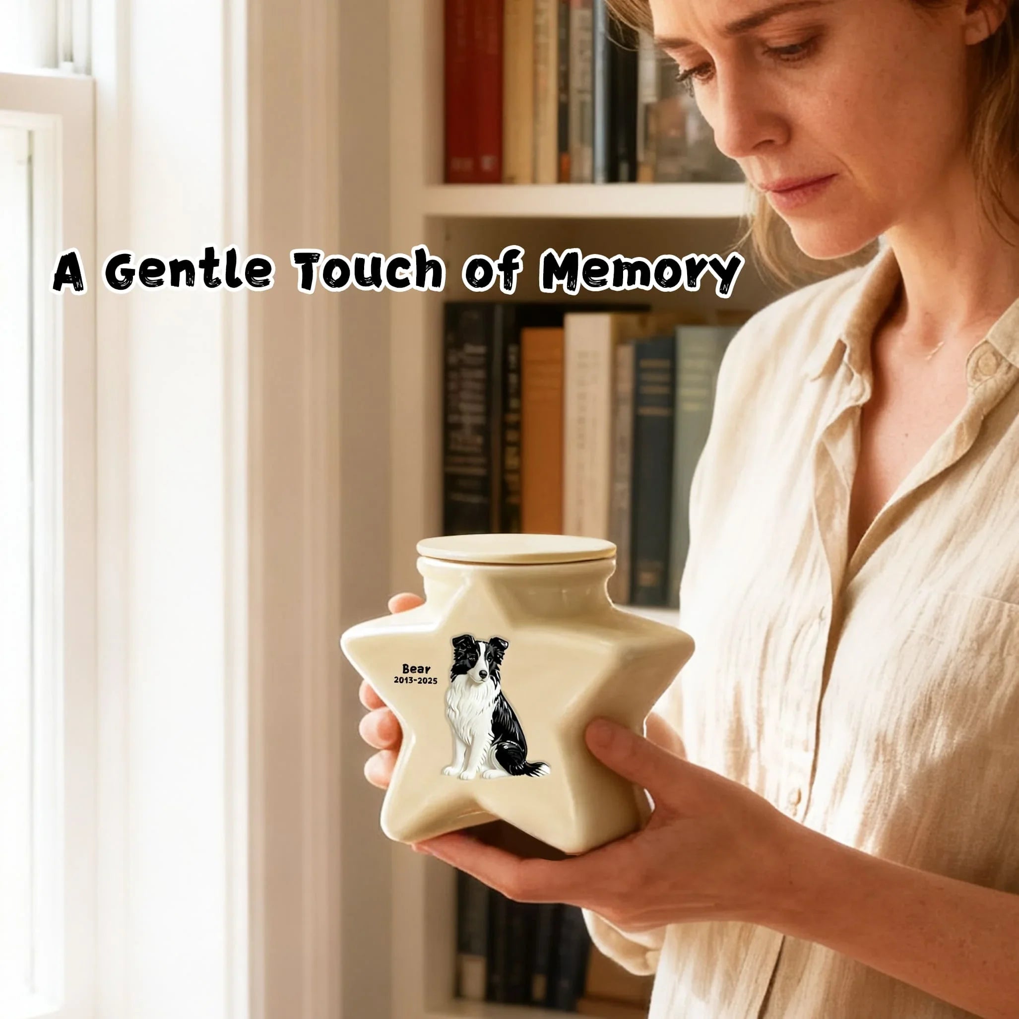Personalized Star Ceramic Pet Urn for Border Collie - Custom Engraved Dog Memorial Ashes Container