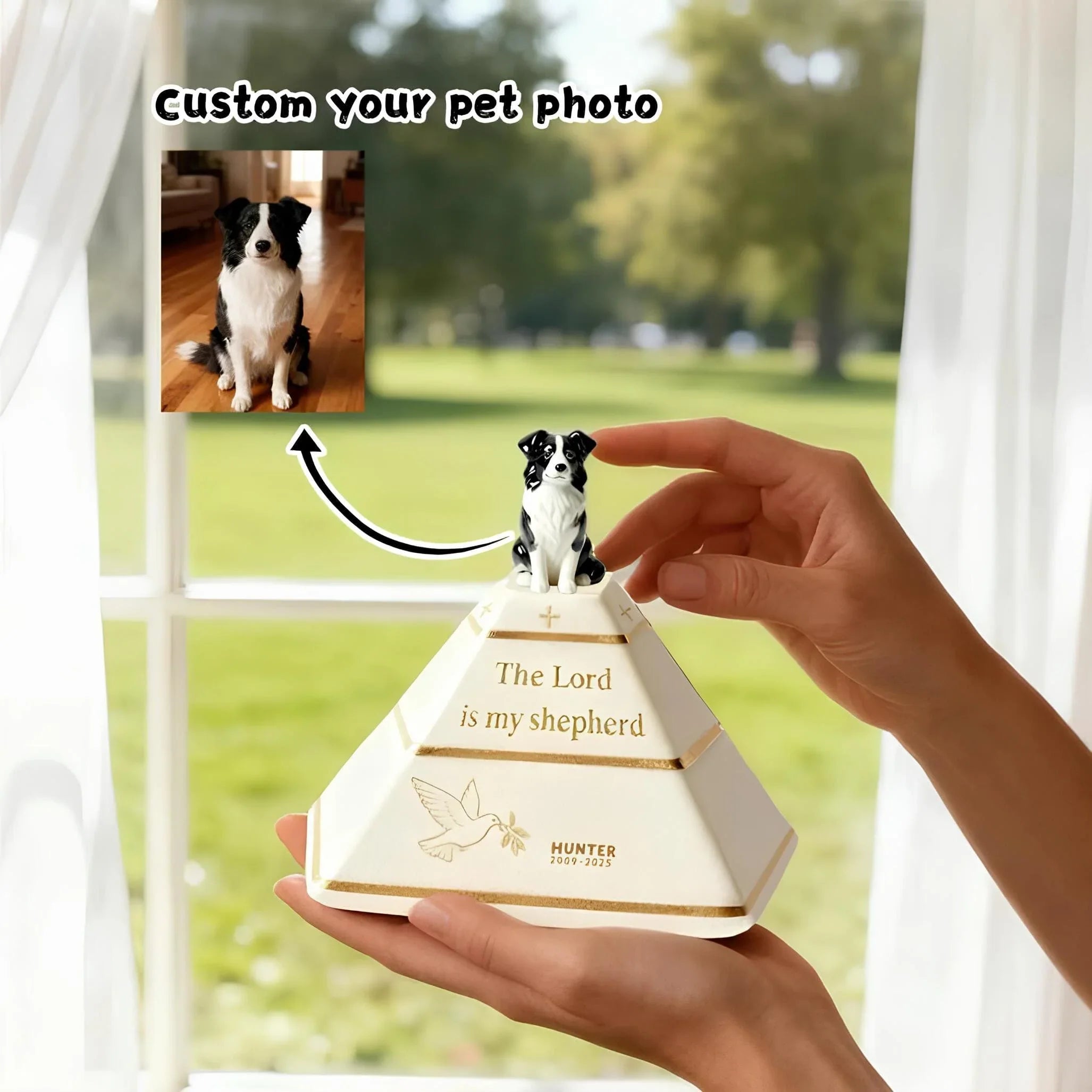 Custom Pyramid Pet Urn for Ashes – Hand-Painted Dog Figurine | “The Lord Is My Shepherd” Memorial