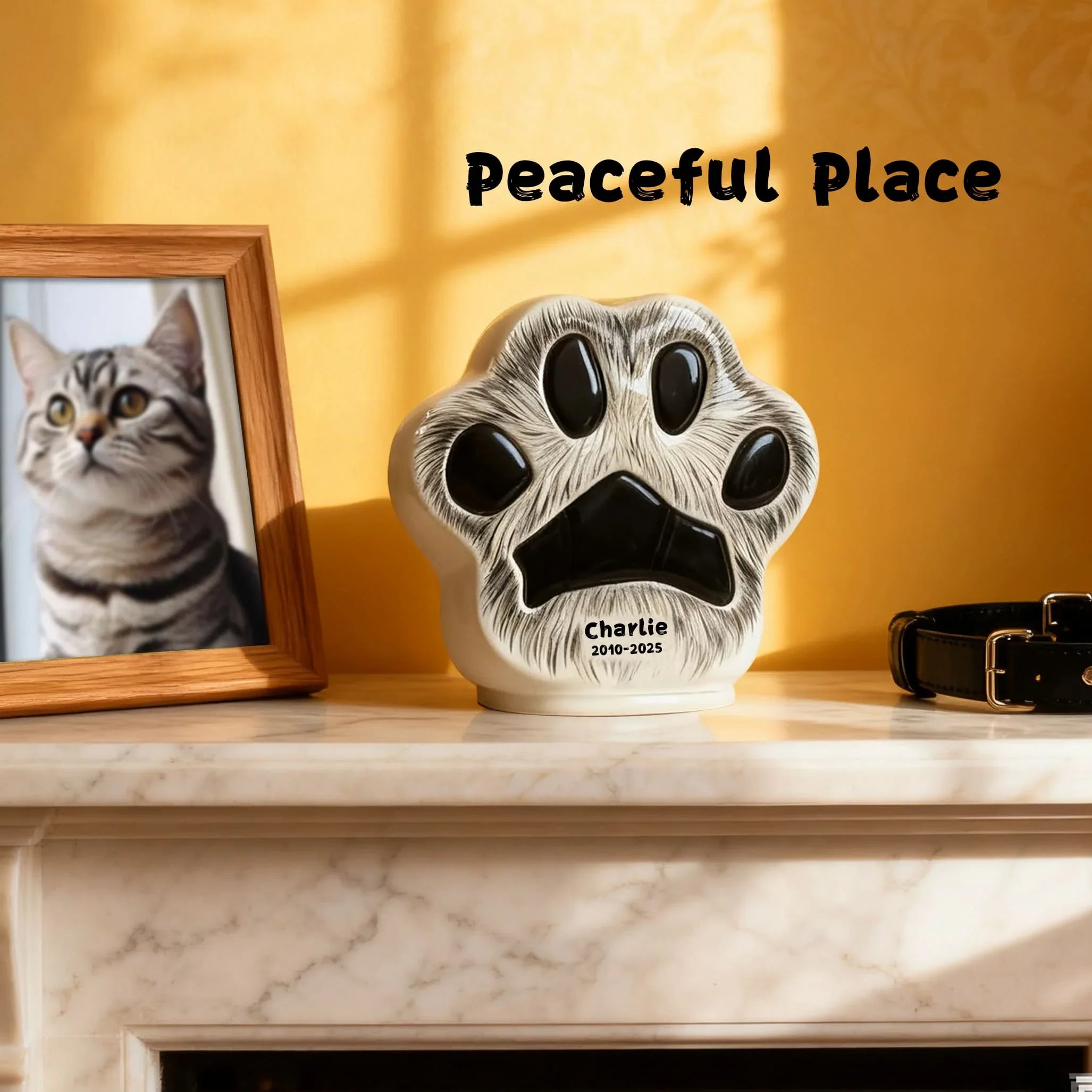 Custom Cat Urn - Paw Print Shape with Engraved Name & Pet Fur Pattern | Personalized Feline Memorial Jar