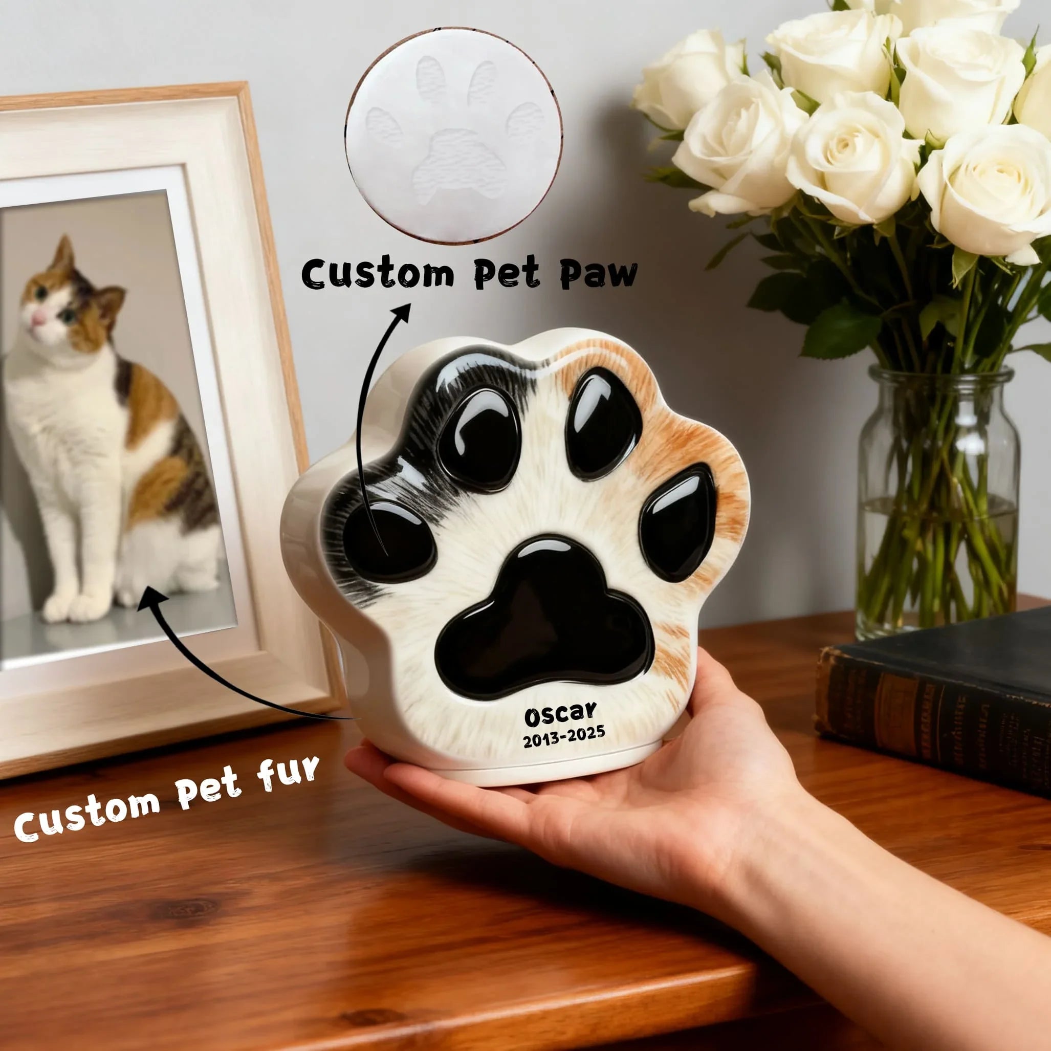 Personalized Pet Urn (Dog & Cat) - Paw Print Ceramic Jar with Sealed Lid | Memorial Urn Including Tariff