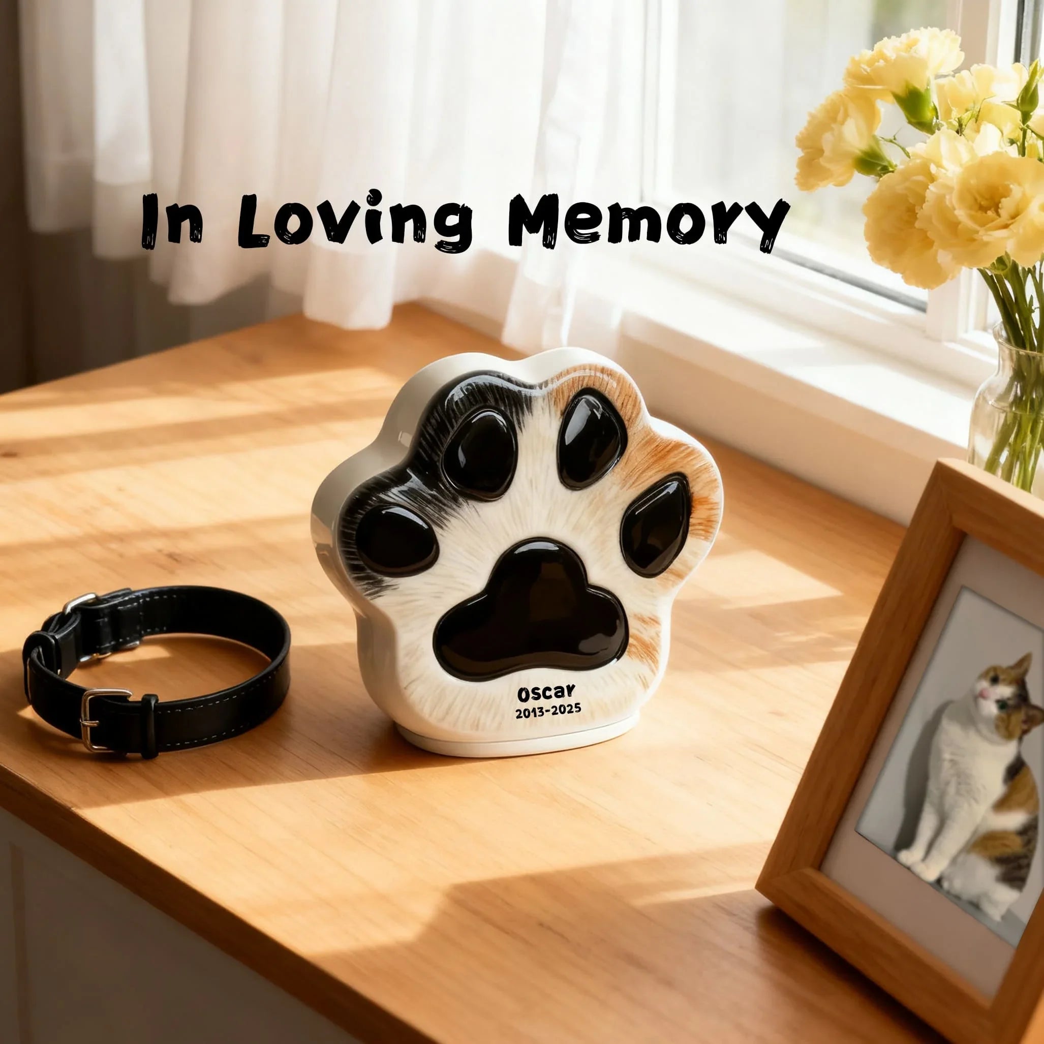Custom Cat Urn - Paw Print Shape with Engraved Name & Pet Fur Pattern | Personalized Feline Memorial Jar