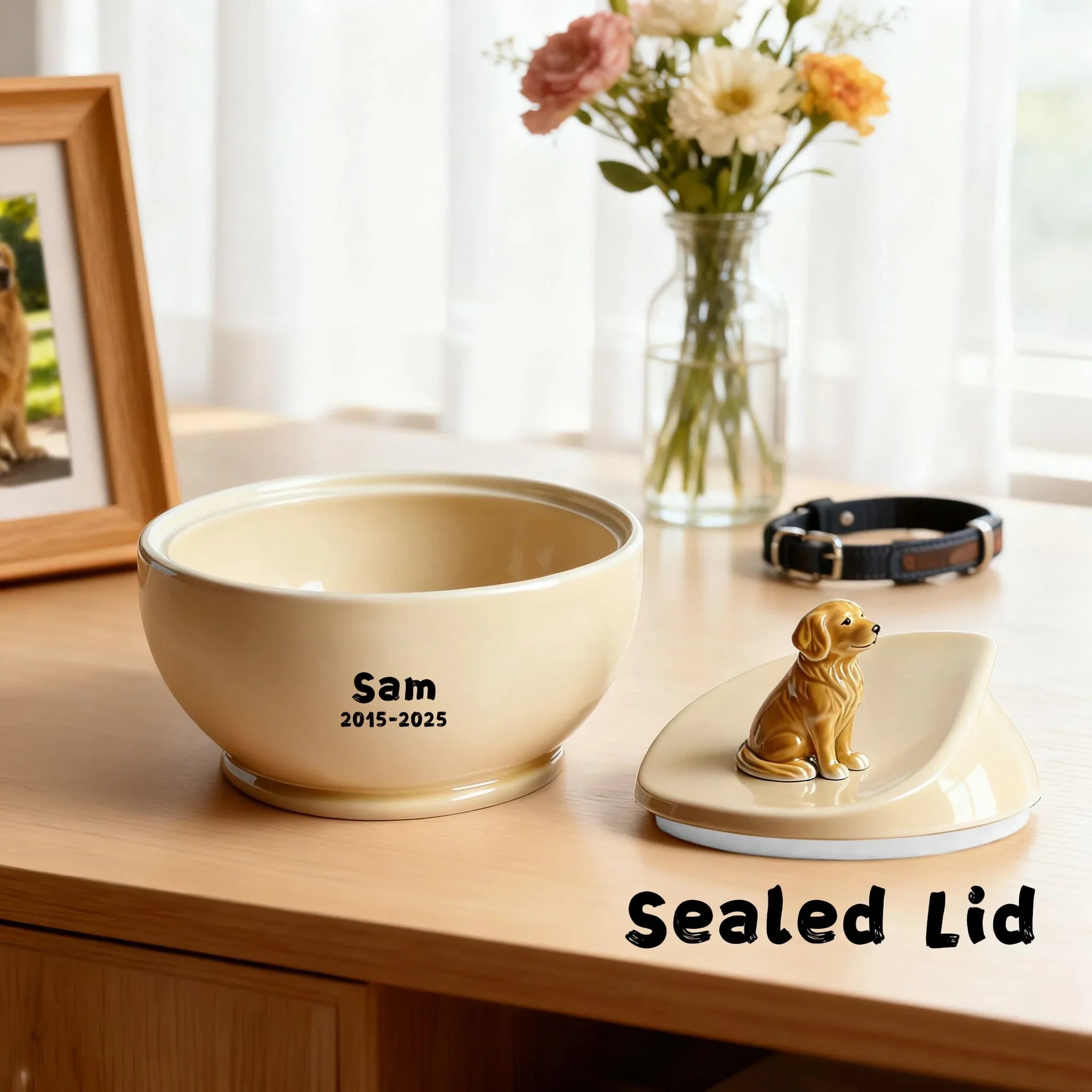 Personalized Dog Memorial Urn | Custom Ceramic Ashes Urn with Portrait, Name & Dates