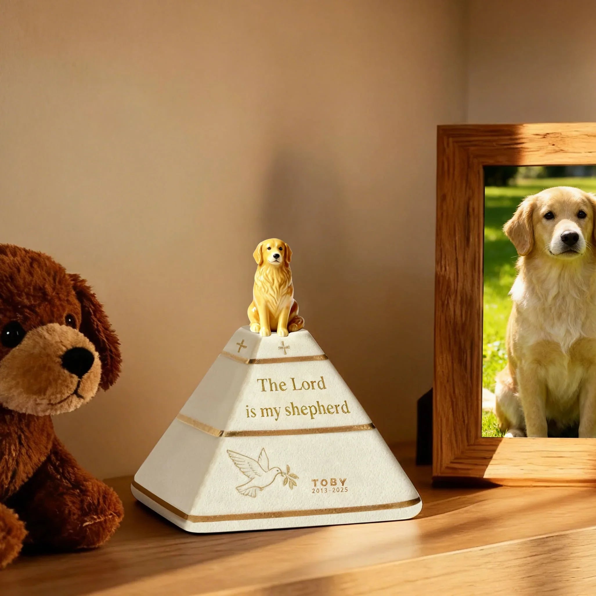 Custom Pyramid Pet Urn for Ashes – Hand-Painted Dog Figurine | “The Lord Is My Shepherd” Memorial