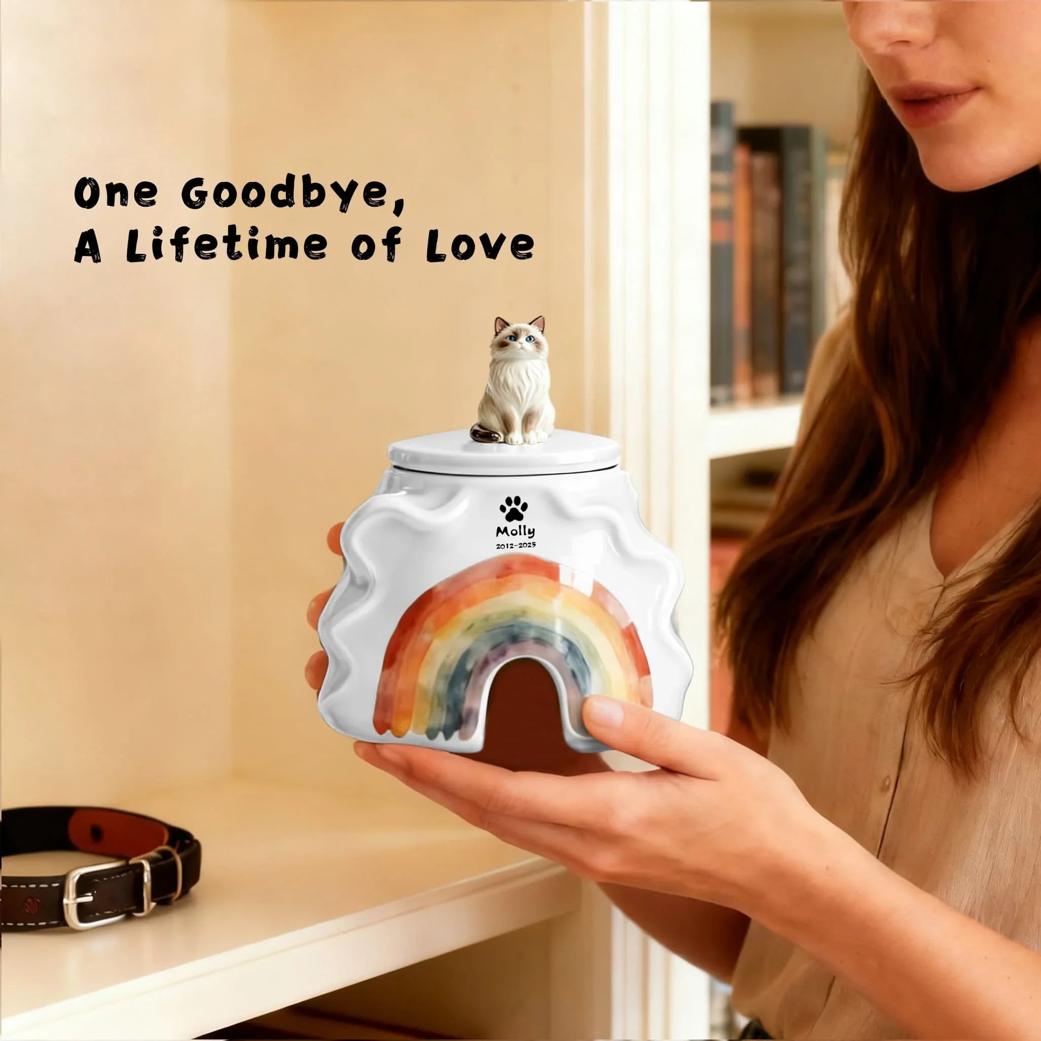 Bespoke Cat Memorial Urn - Rainbow Bridge Themed with Custom Engraving