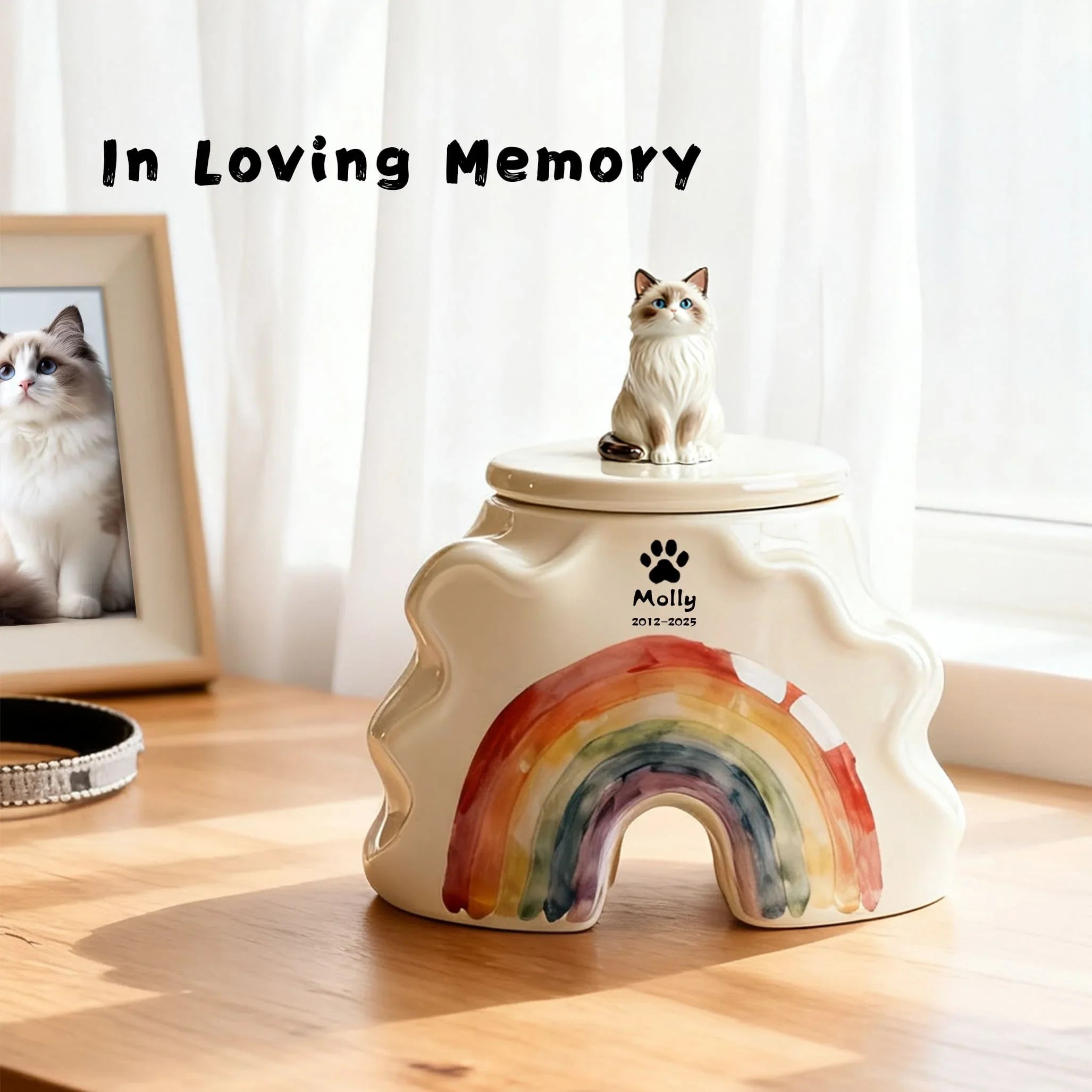 Personalized Cat Cremation Urn - Custom Pet Portrait & Date Engraving