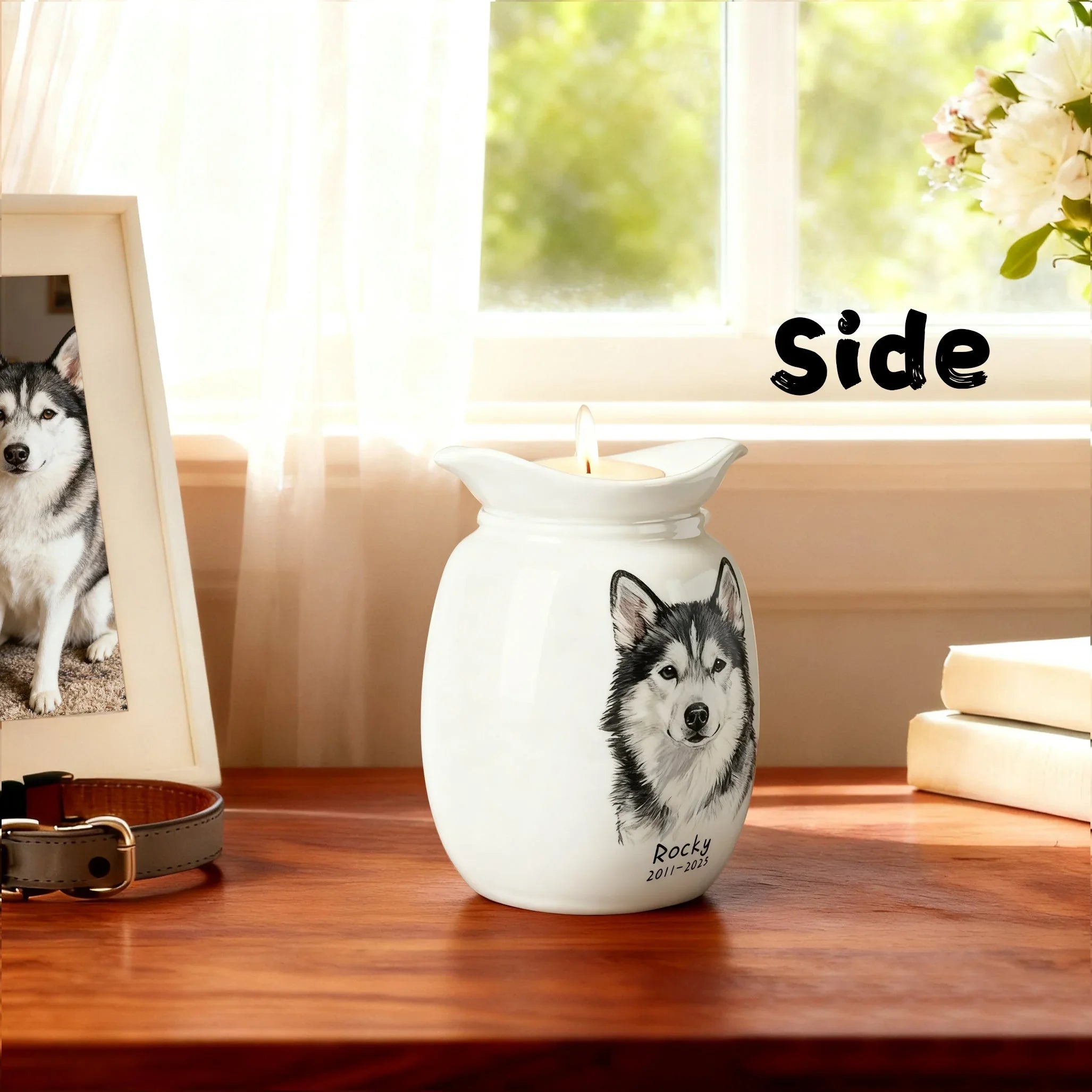 Dog Urn with Candle – Personalized Ceramic Memorial Urn for Pet Ashes, Custom Name & Dates