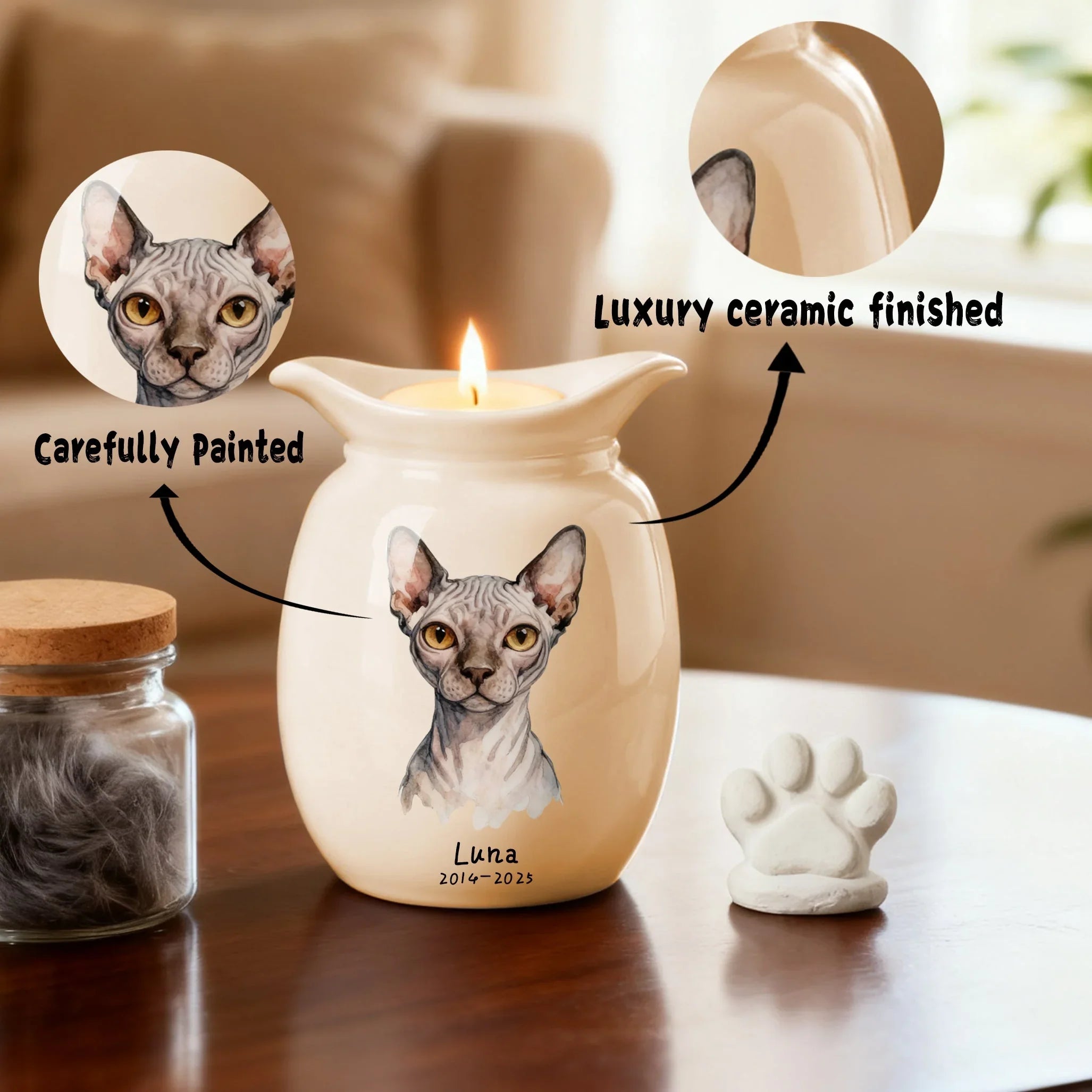 Dog Urn with Candle – Personalized Ceramic Memorial Urn for Pet Ashes, Custom Name & Dates