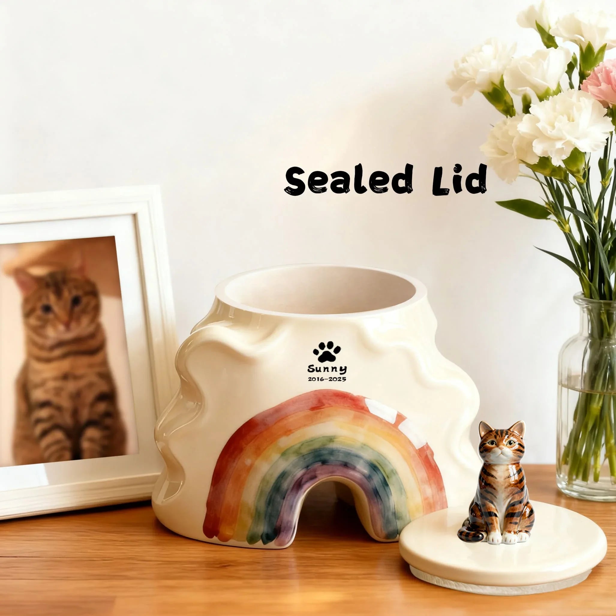 Custom Cat Urn - Rainbow Bridge Memorial with Engraved Name and Pet Portrait