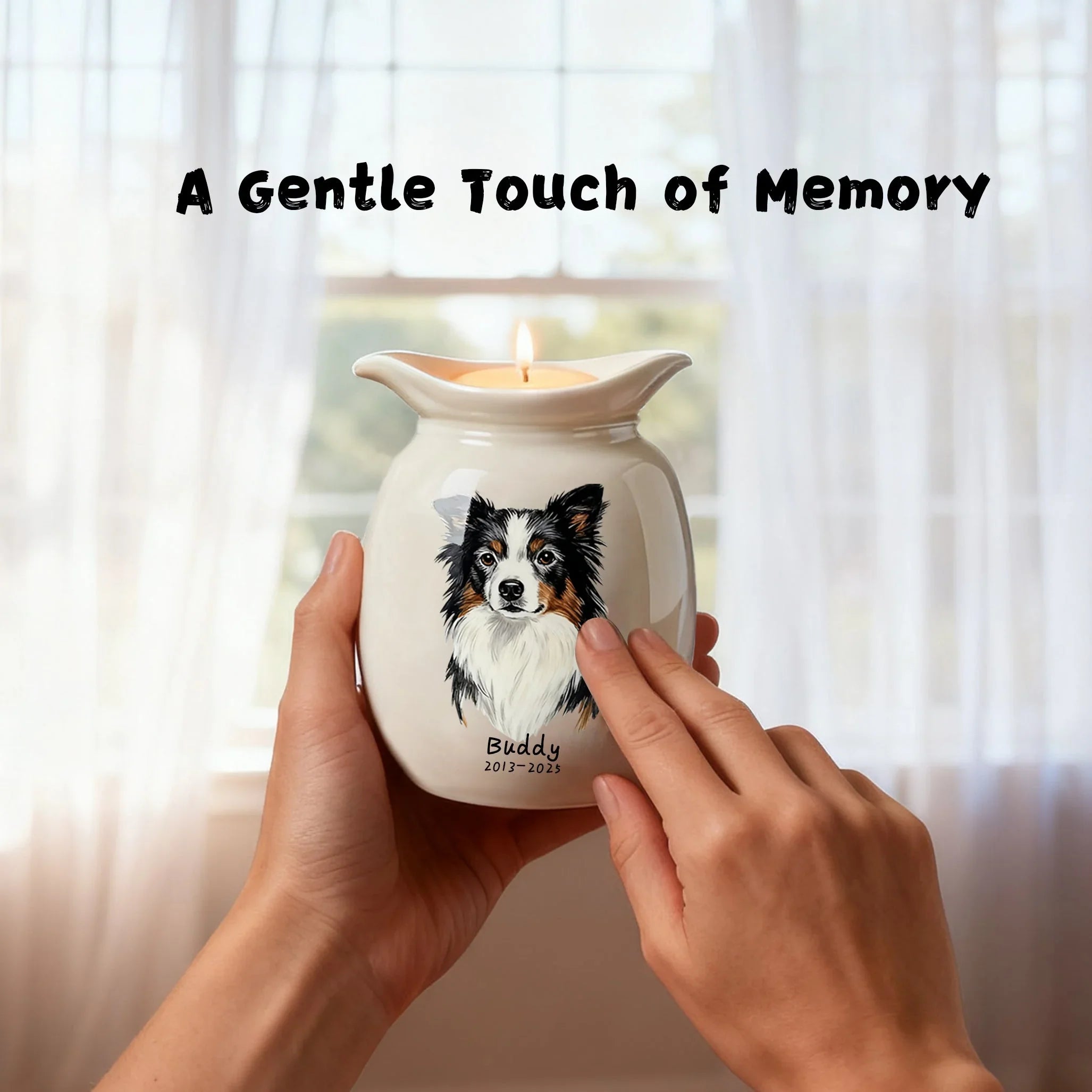 Dog Urn with Candle – Personalized Ceramic Memorial Urn for Pet Ashes, Custom Name & Dates