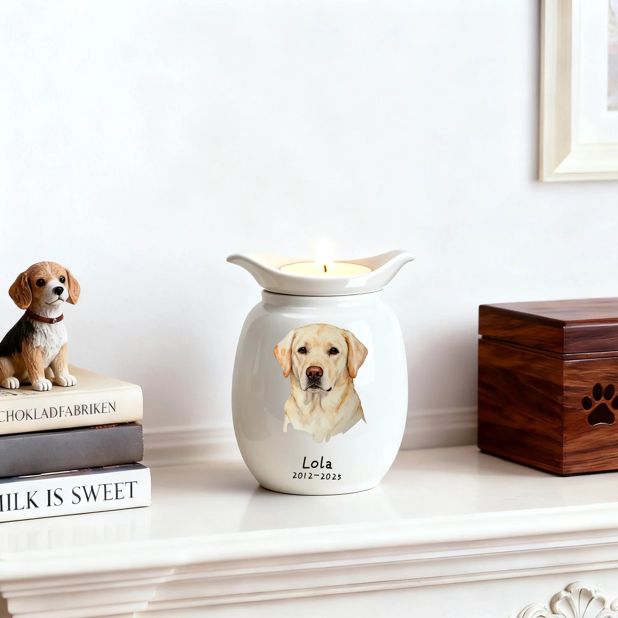 Dog Urn with Candle – Personalized Ceramic Memorial Urn for Pet Ashes, Custom Name & Dates