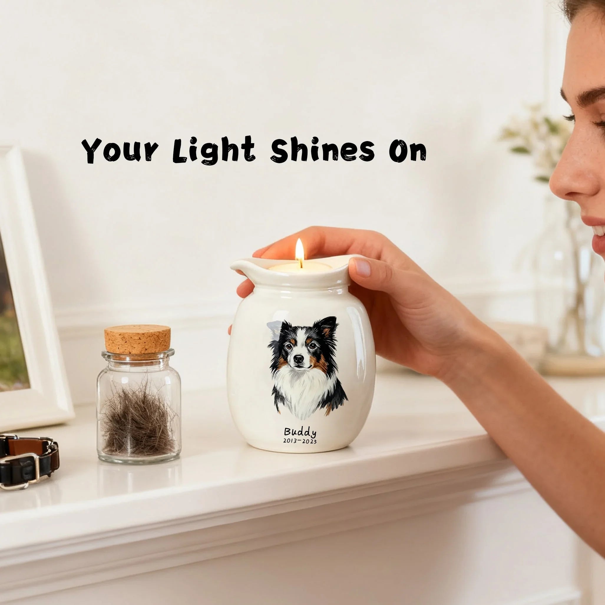 Dog Urn with Candle – Personalized Ceramic Memorial Urn for Pet Ashes, Custom Name & Dates