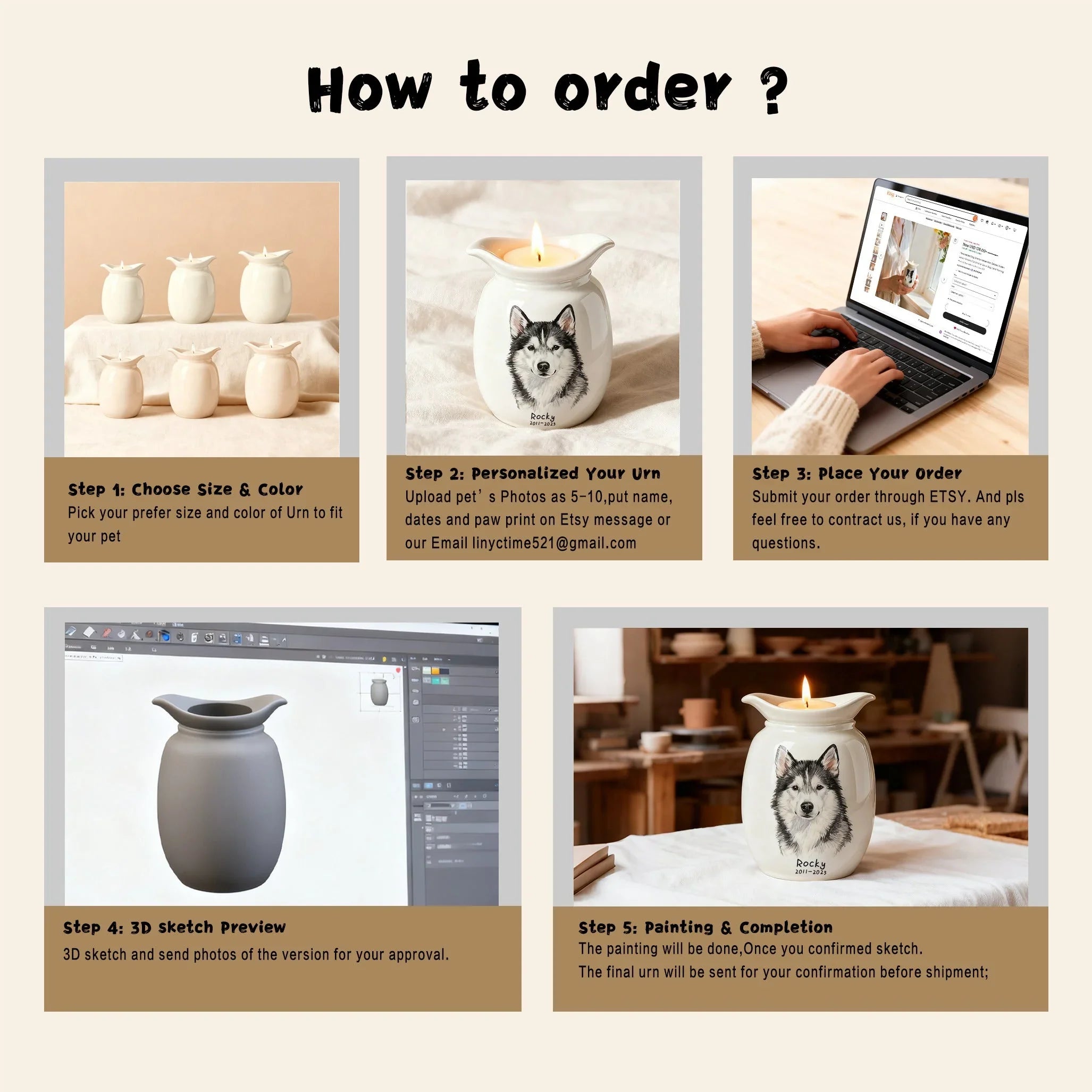 Personalized Cat Urns for Ashes With Candle Holder–Luxury Ceramic Pet Urns for Cat or Dog,Hand-Painting Portrait,Name&Date,Pet Loss Gift