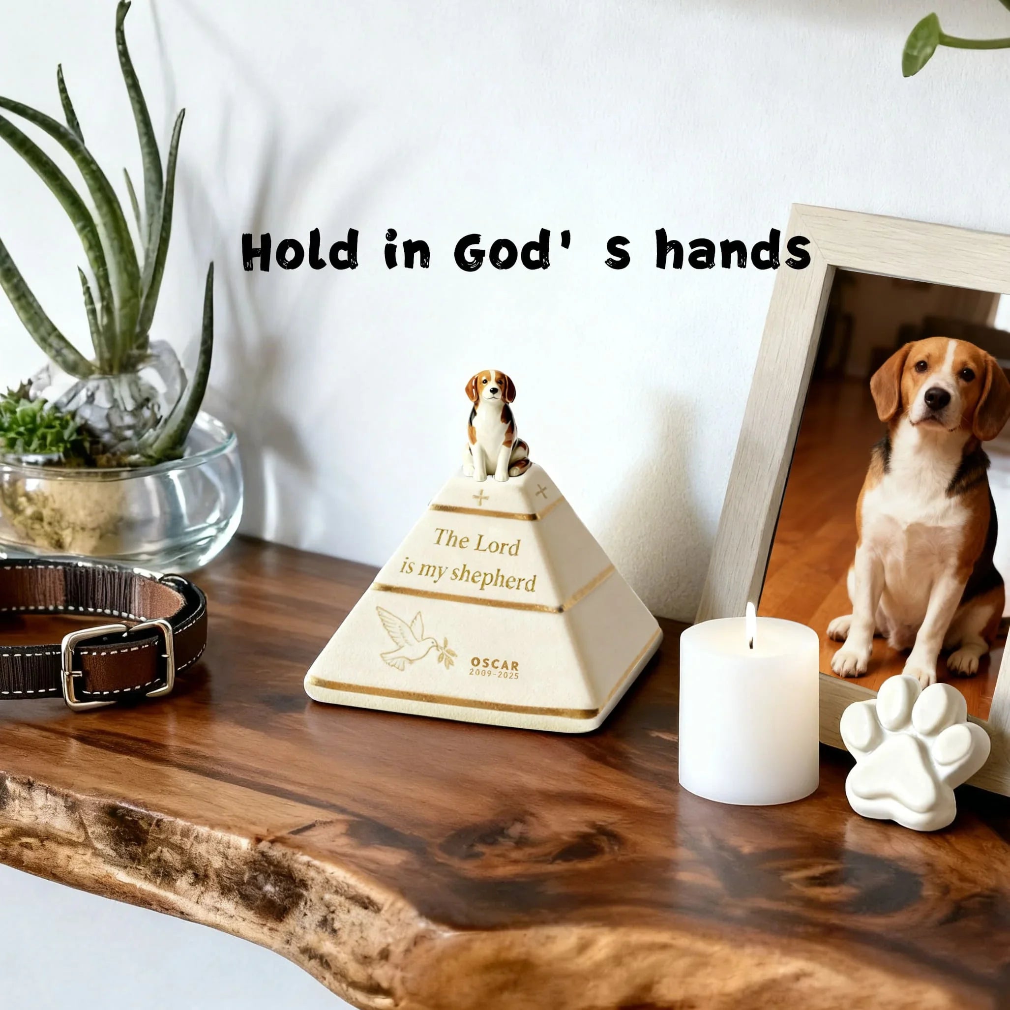 Custom Pyramid Pet Urn for Ashes – Hand-Painted Dog Figurine | “The Lord Is My Shepherd” Memorial