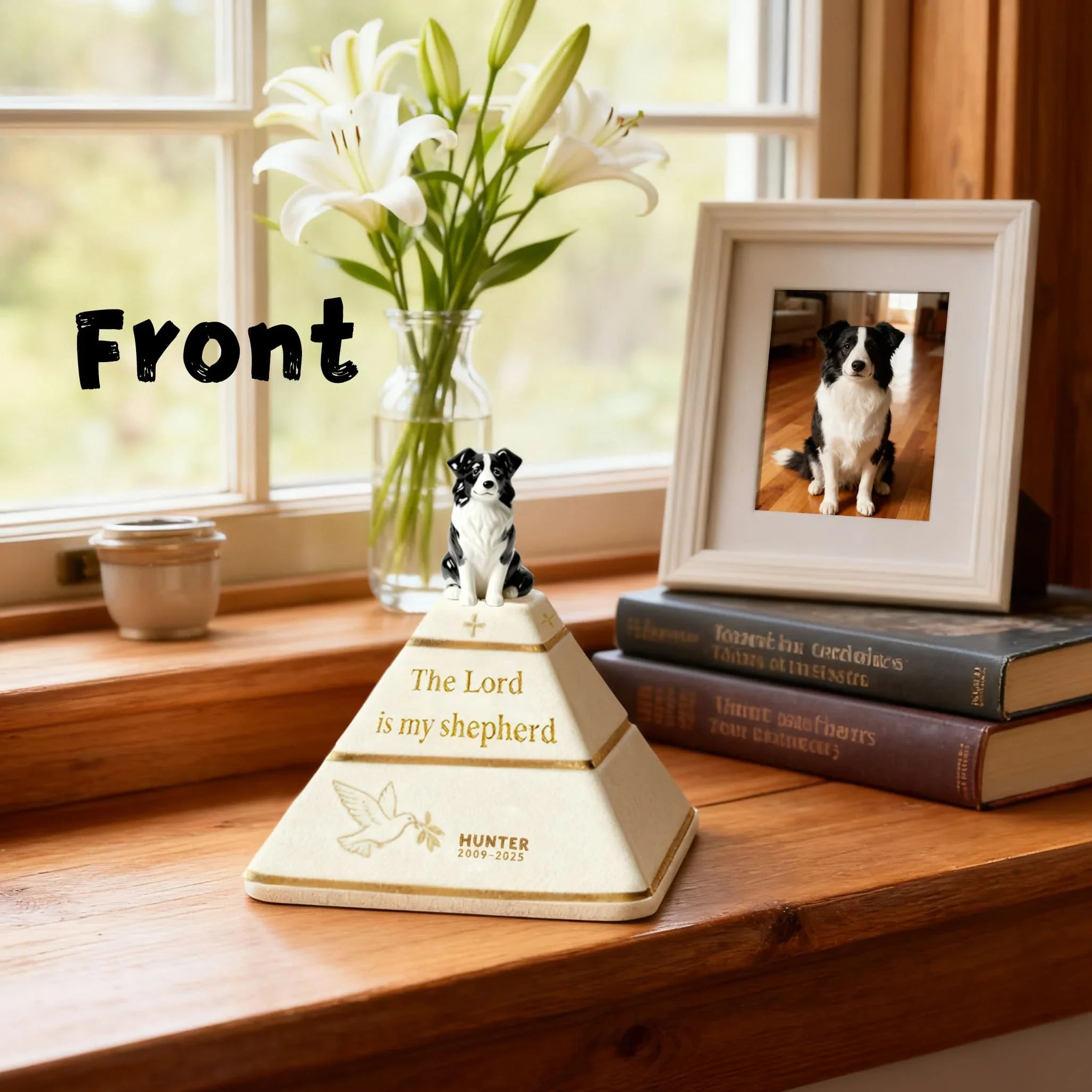 Custom Pyramid Pet Urn for Ashes – Hand-Painted Dog Figurine | “The Lord Is My Shepherd” Memorial