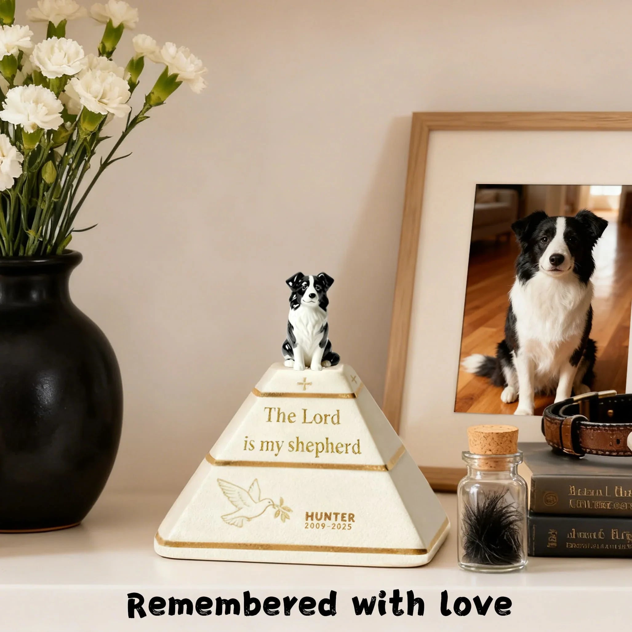 Custom Pyramid Pet Urn for Ashes – Hand-Painted Dog Figurine | “The Lord Is My Shepherd” Memorial