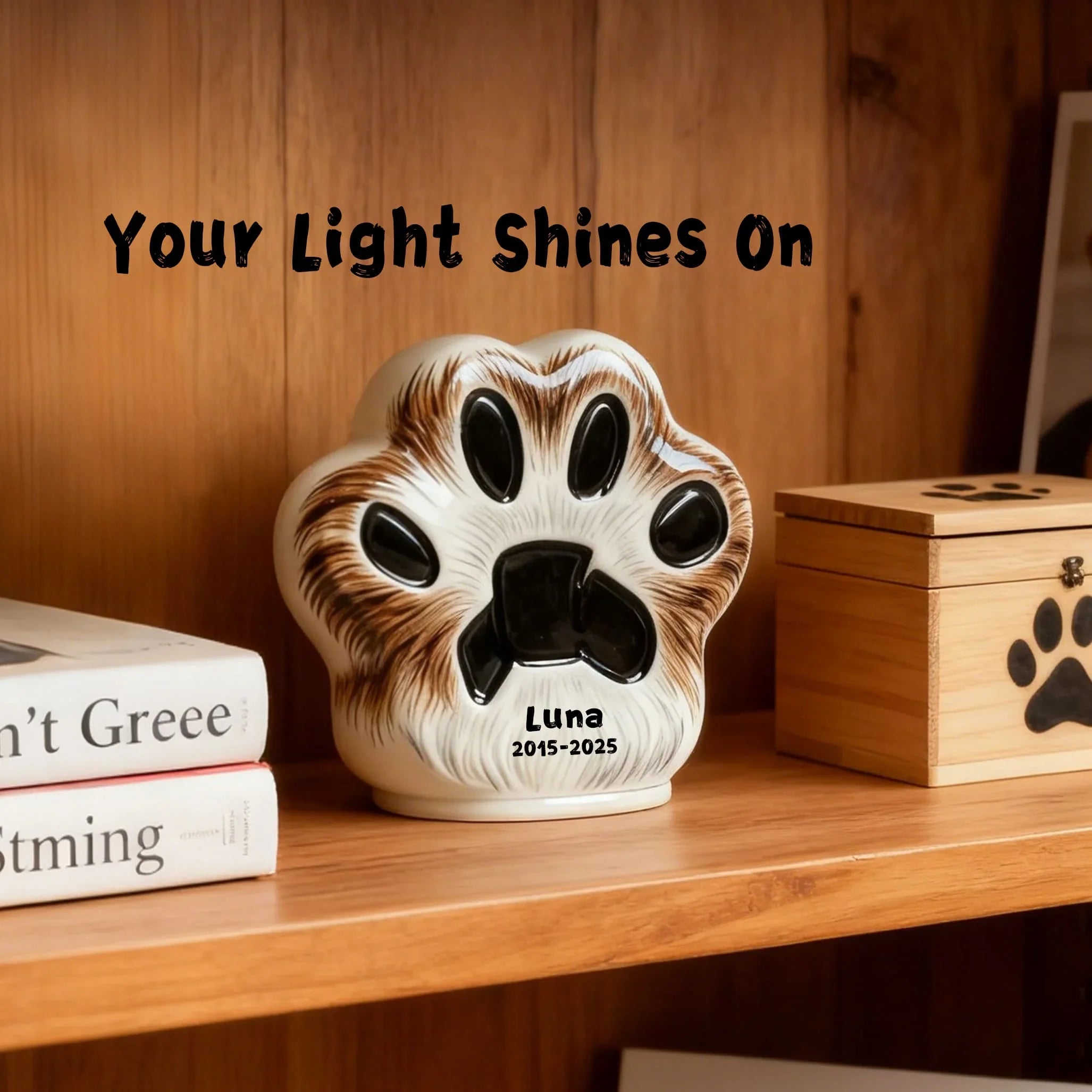 Custom Cat Urn - Paw Print Shape with Engraved Name & Pet Fur Pattern | Personalized Feline Memorial Jar