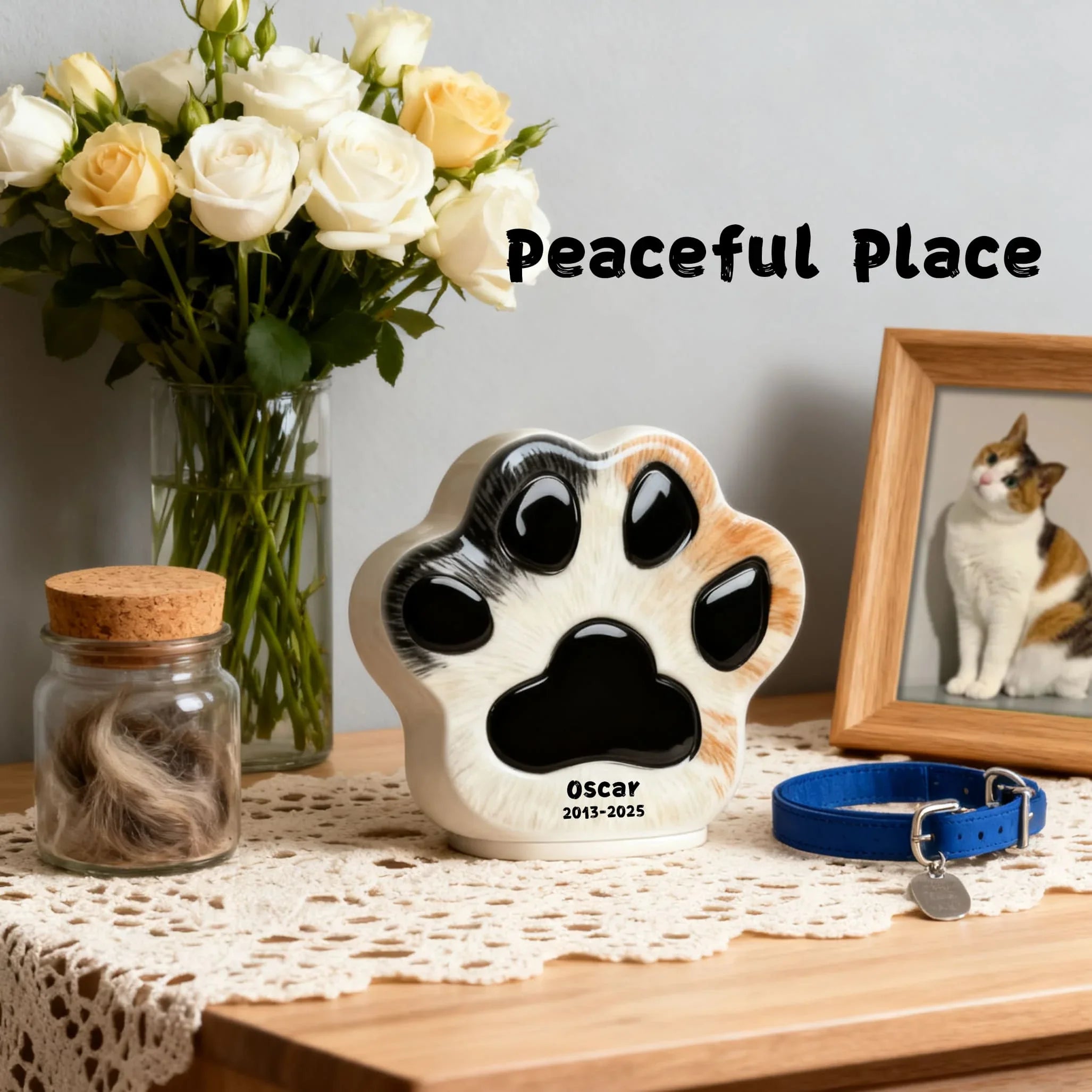 Custom Cat Urn - Paw Print Shape with Engraved Name & Pet Fur Pattern | Personalized Feline Memorial Jar