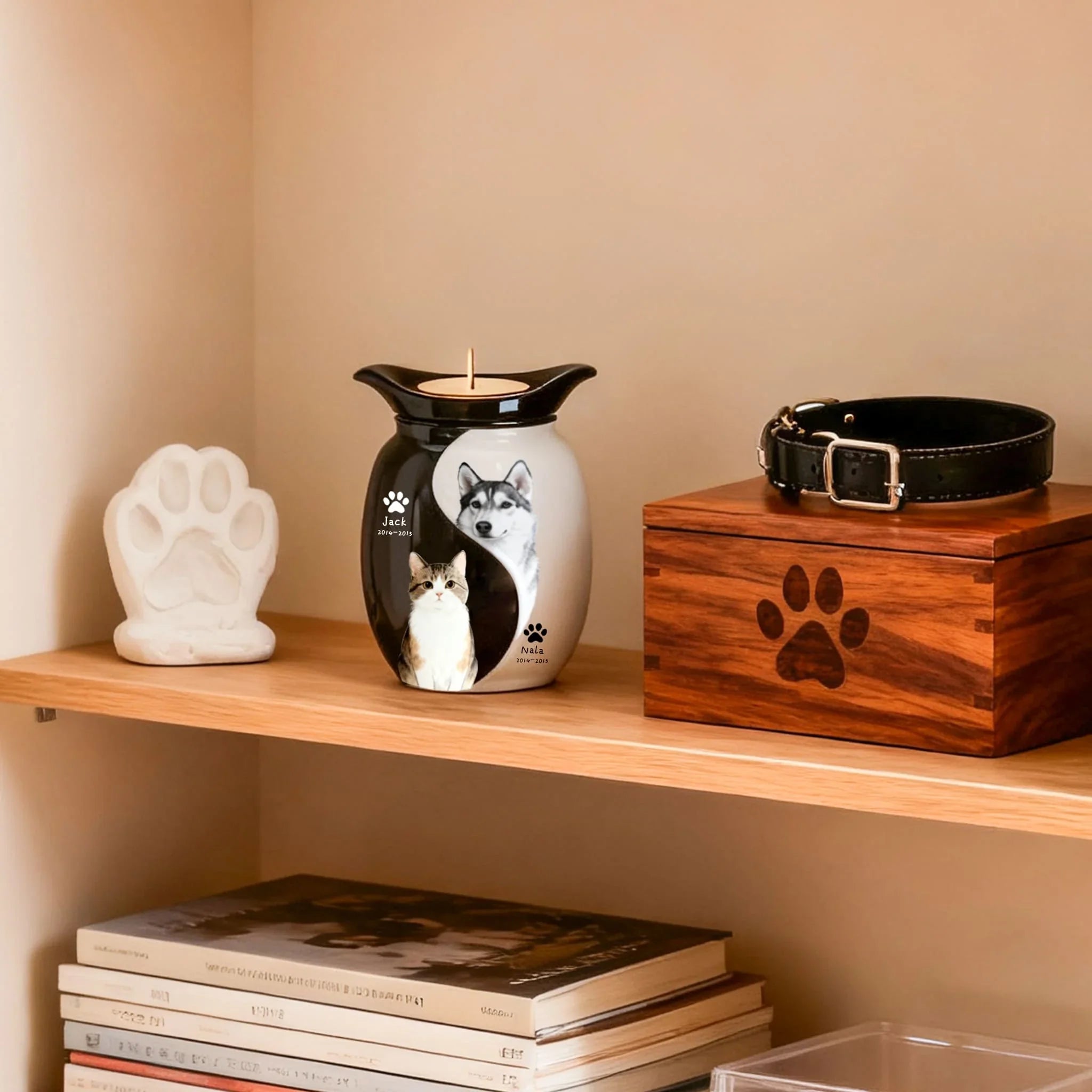 Personalized Pet Urn for Two Dogs or Cats | Dual Ashes Holder with Candle