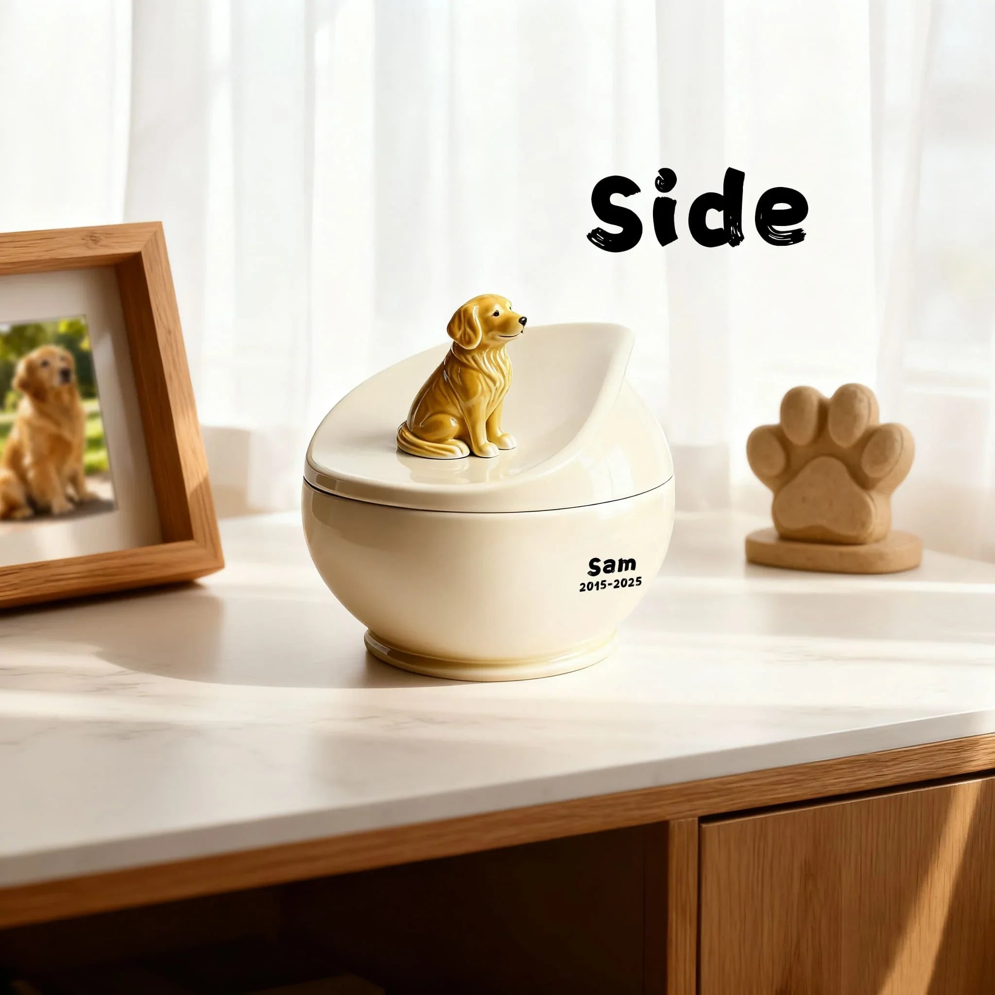 Personalized Dog Memorial Urn | Custom Ceramic Ashes Urn with Portrait, Name & Dates