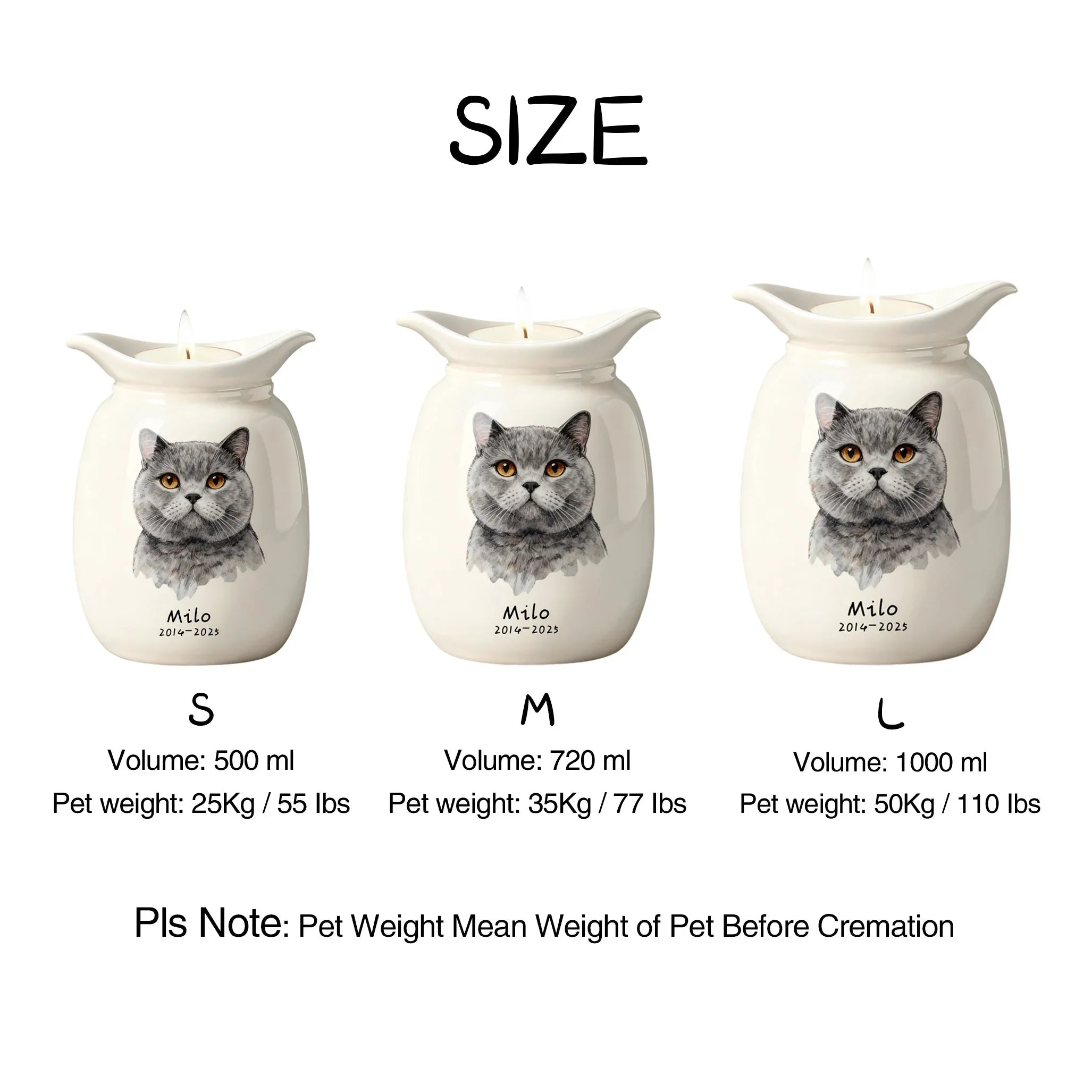 Dog Urn with Candle – Personalized Ceramic Memorial Urn for Pet Ashes, Custom Name & Dates