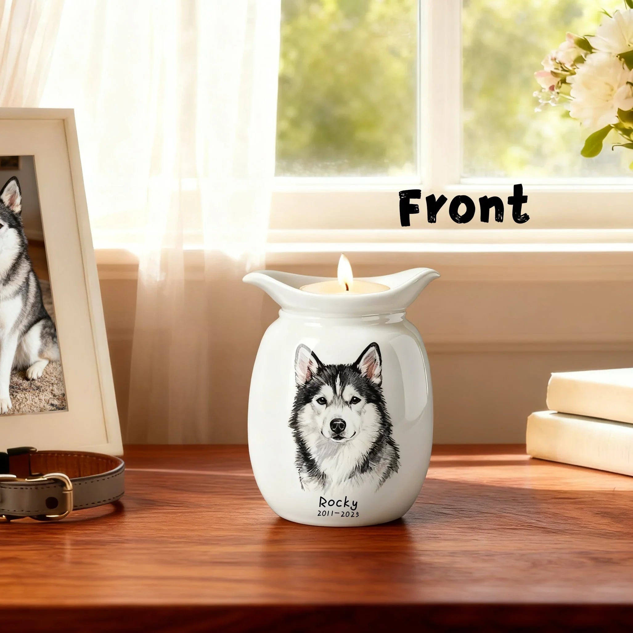 Personalized Dog Urns for Ashes With Candle Holder–Luxury Ceramic Pet Urns for Cat or Dog,Hand-Painting Portrait,Name&Date,Pet Loss Gift
