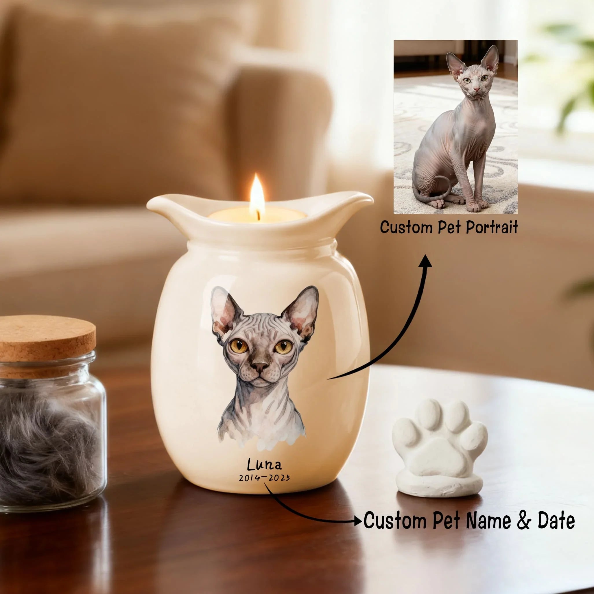 Personalized Cat Urns for Ashes With Candle Holder–Luxury Ceramic Pet Urns for Cat or Dog,Hand-Painting Portrait,Name&Date,Pet Loss Gift