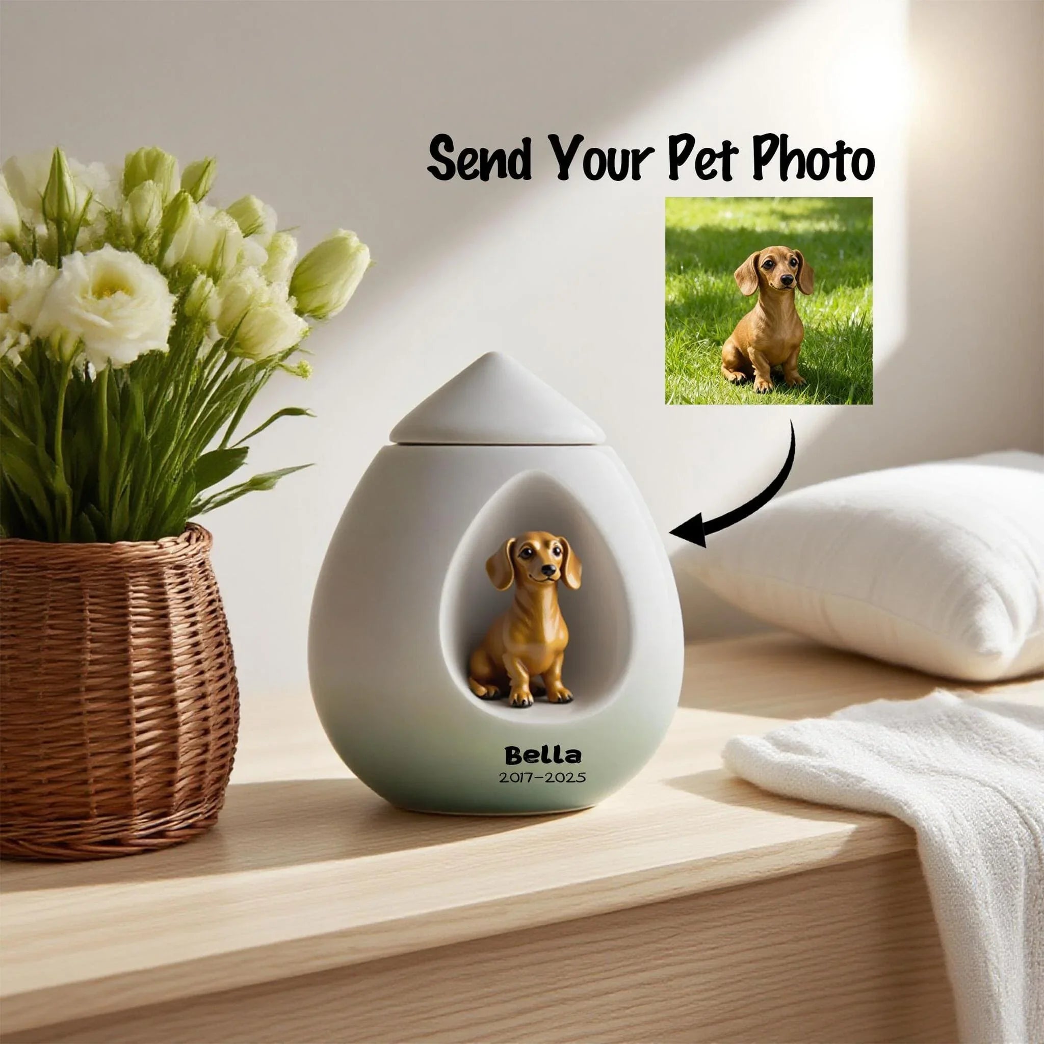 Memorial urn with a dog's photo on a shelf with flowers and a pillow.