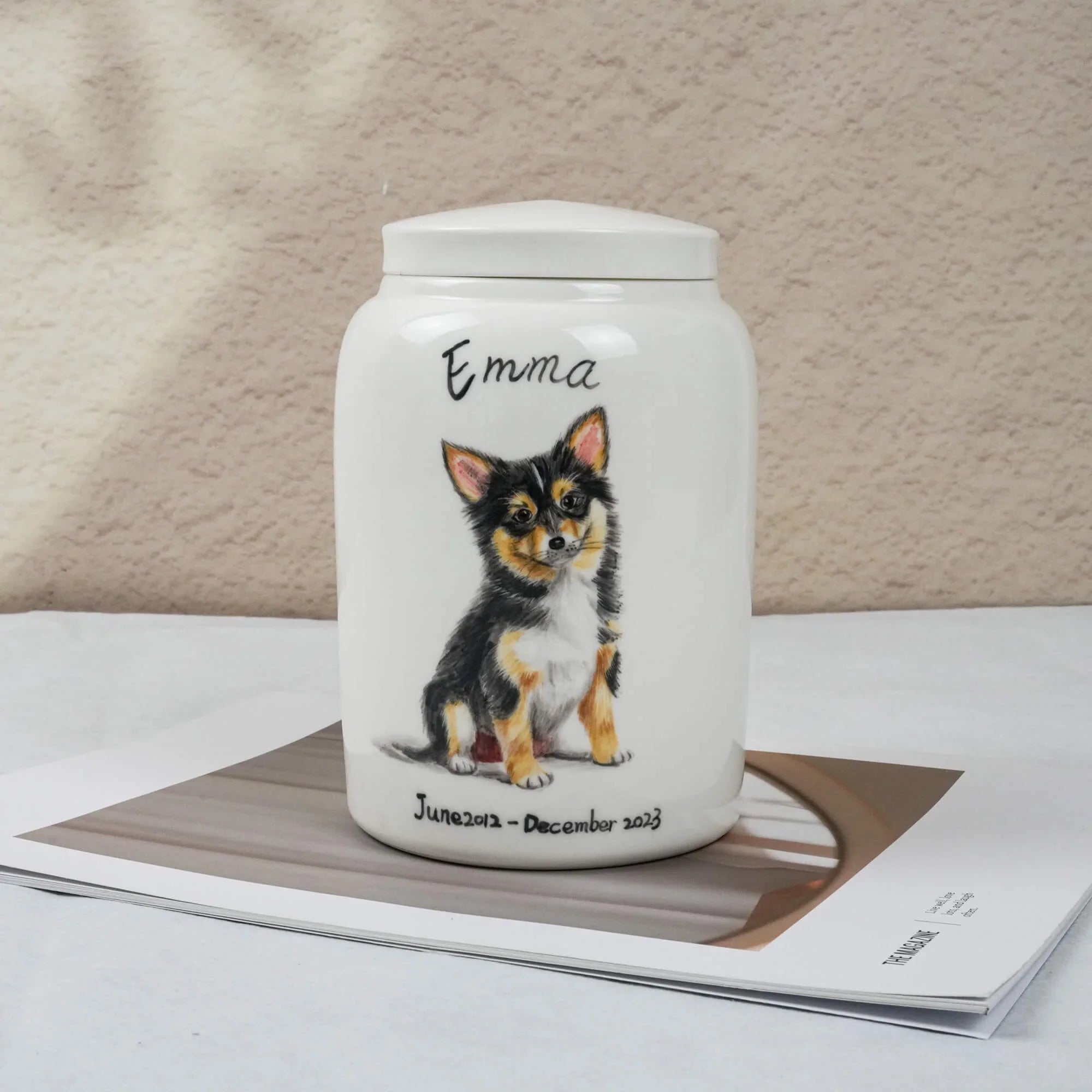 White pet urn with a dog illustration and text on a beige surface