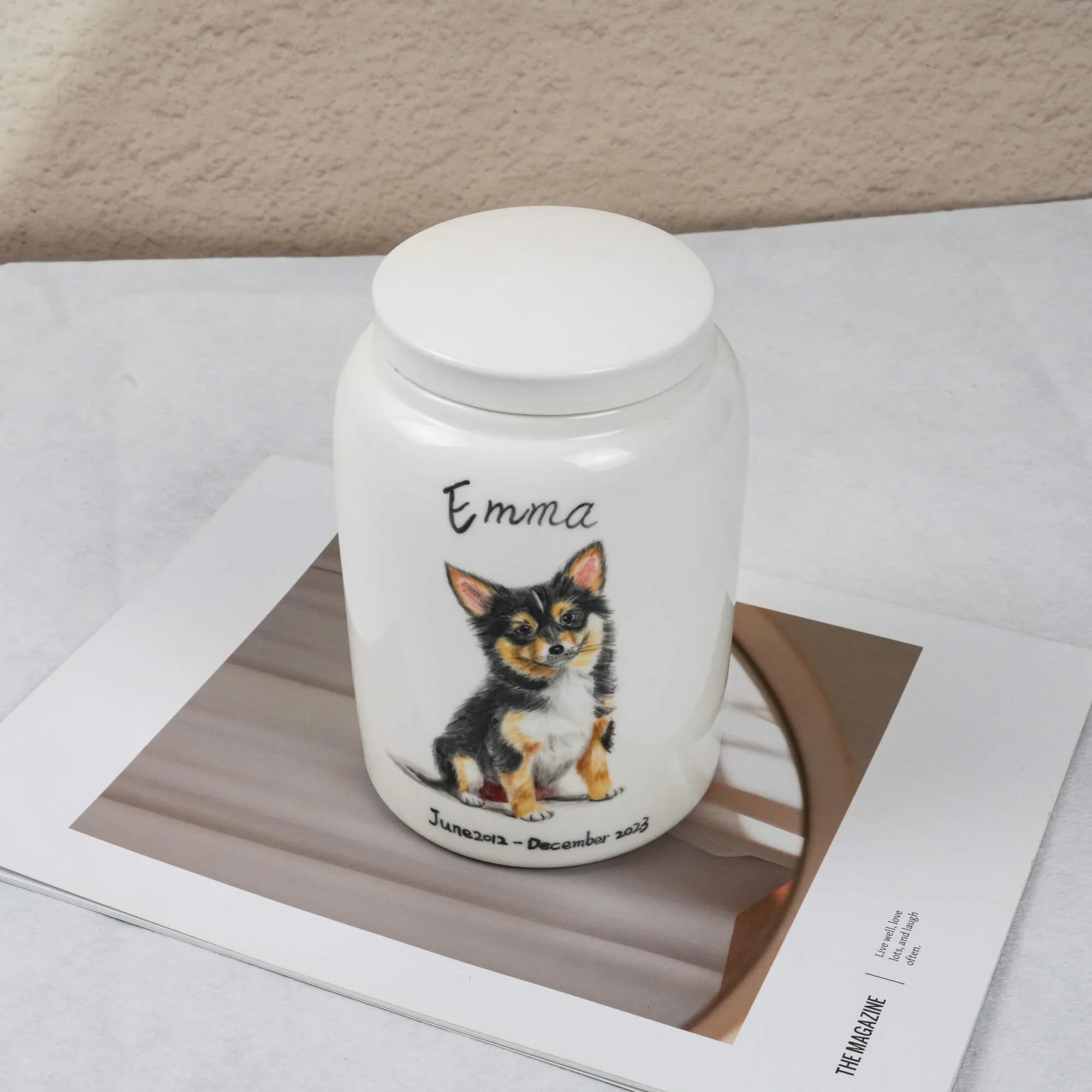 White ceramic jar with a dog illustration and text on a magazine
