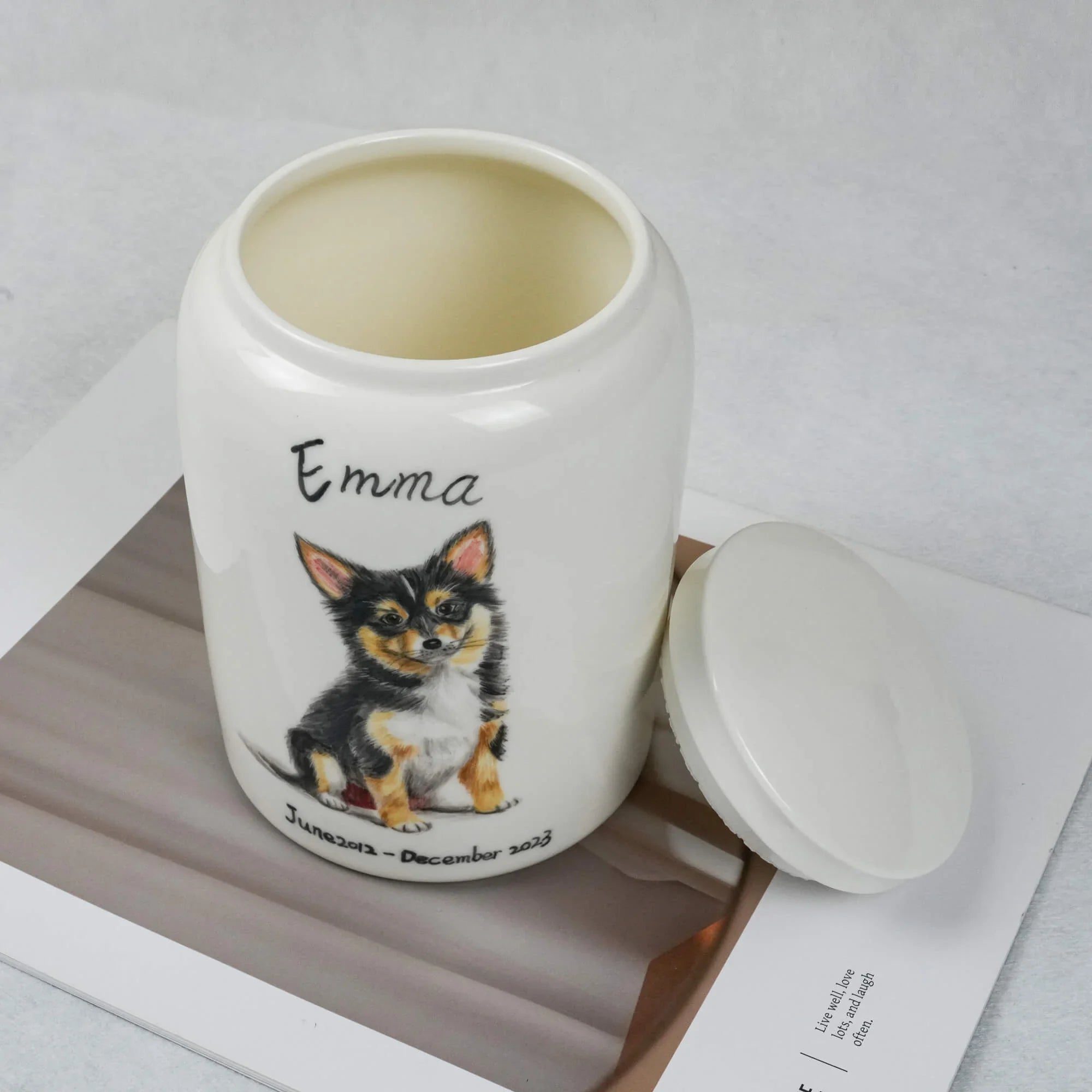 White ceramic pet urn with a dog illustration and 'Emma' text on a white background