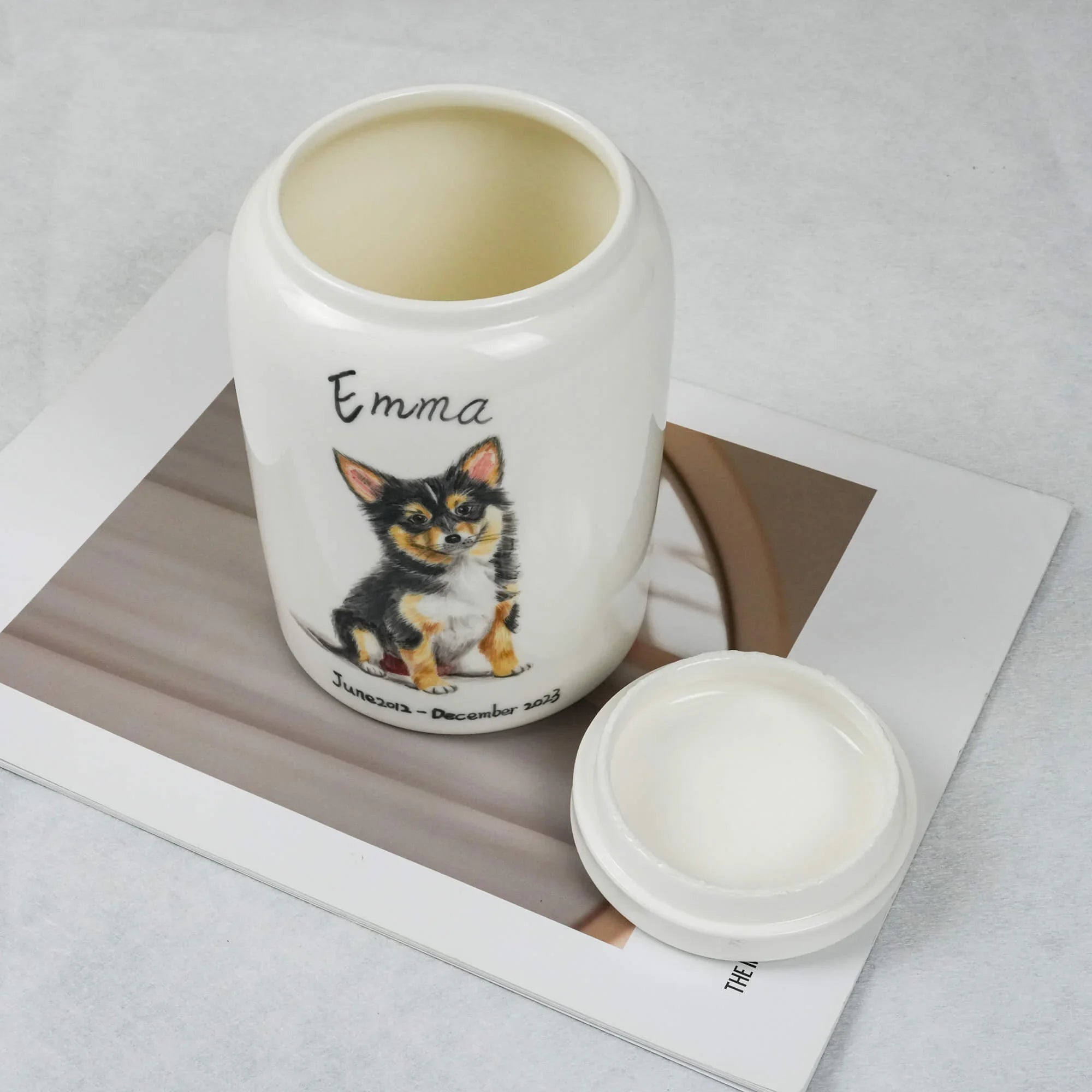 White pet urn with a dog illustration and name 'Emma' on a light gray background