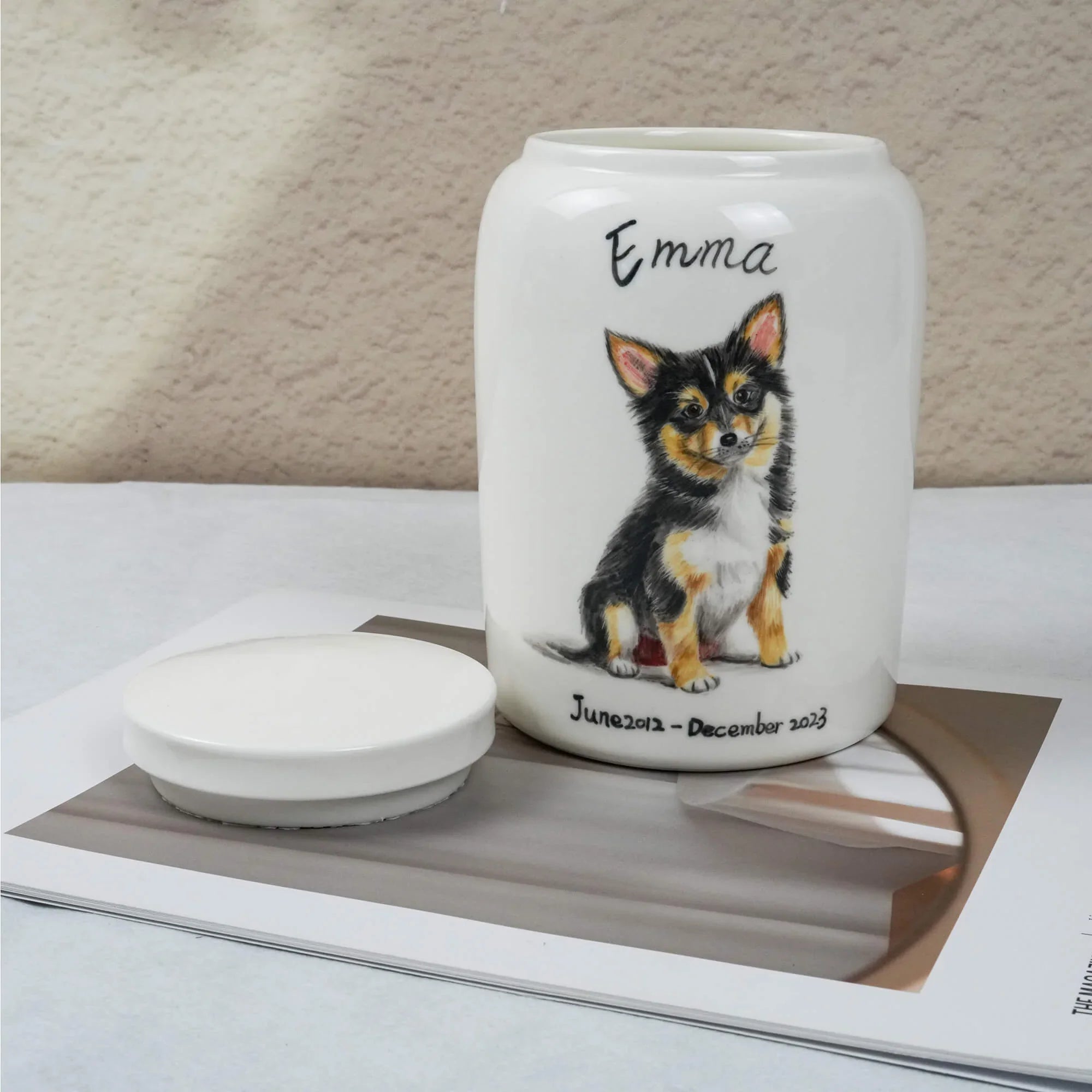 Ceramic urn with a dog illustration and text on a surface