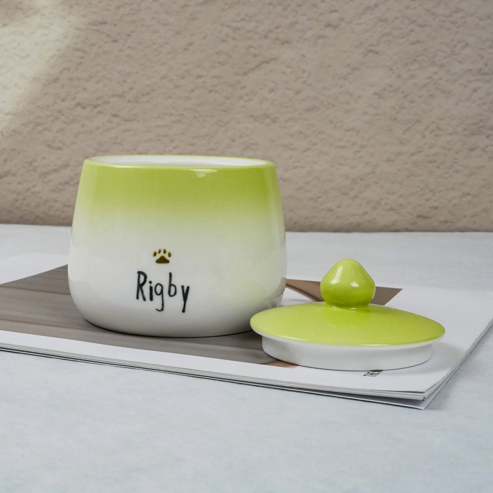Green and white ceramic pet food container with 'Rigby' on a textured surface