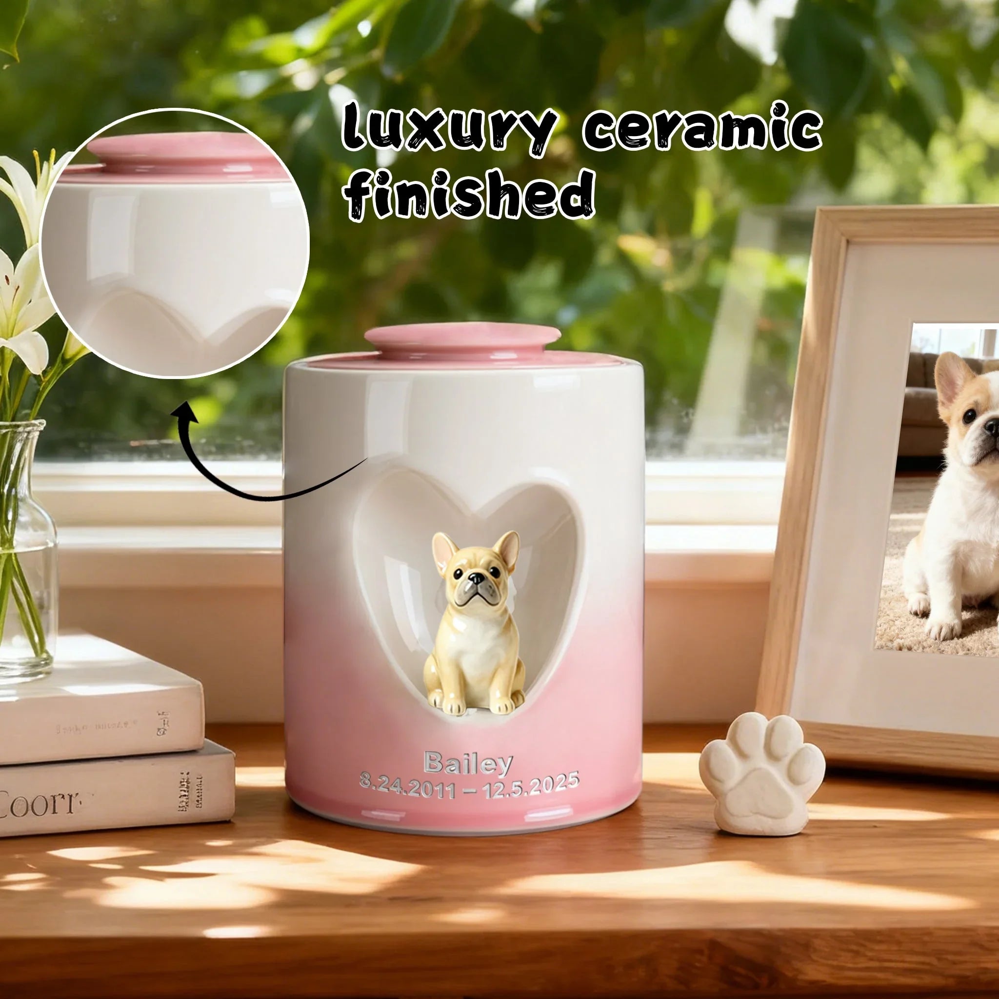 Personalized Dog Urn for Ashes – Custom Dog Urn with Portrait, Name & Date | Handmade Ceramic Dog Memorial Urn, Dog Ashes Keepsake