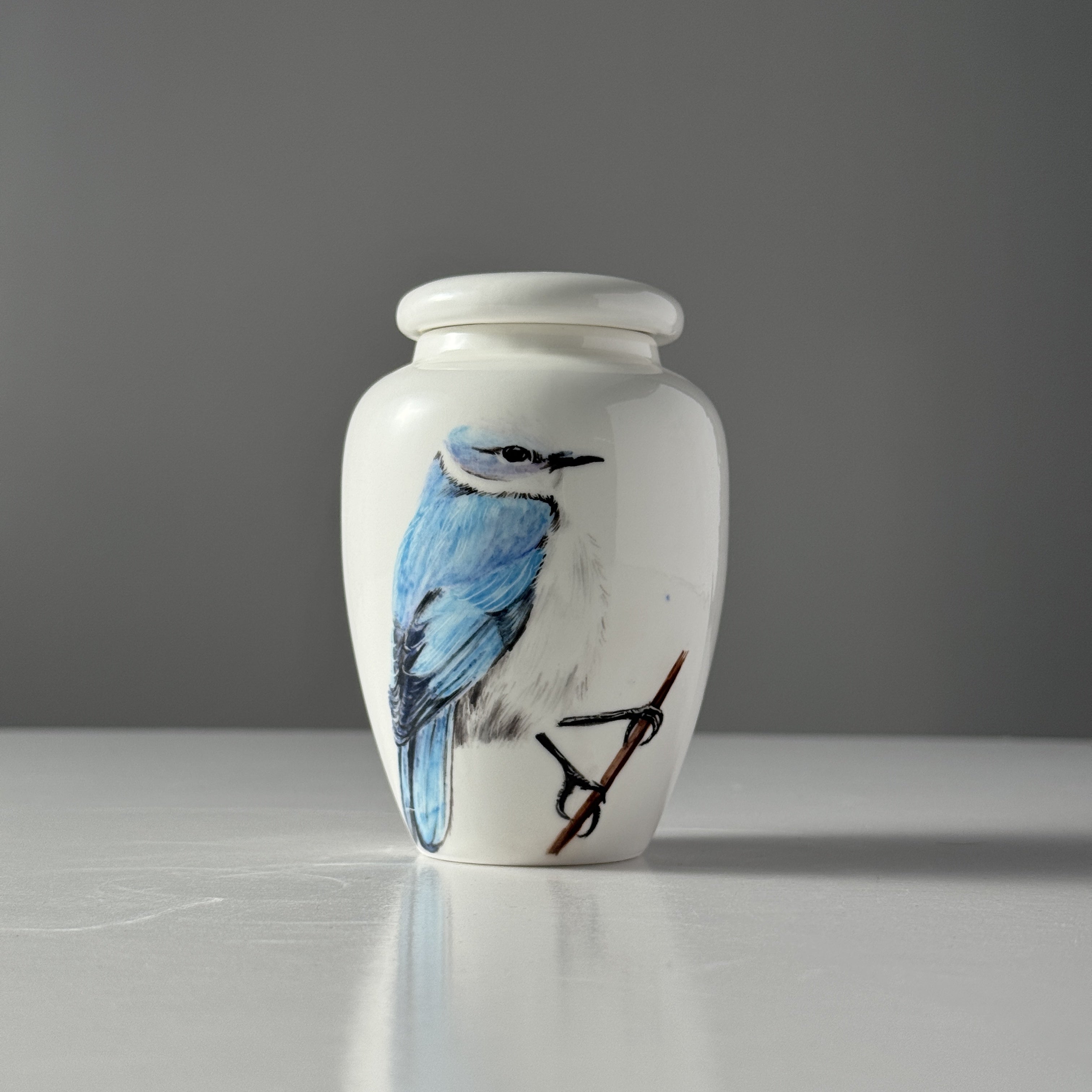 White ceramic urn with a blue bird design on a gray background